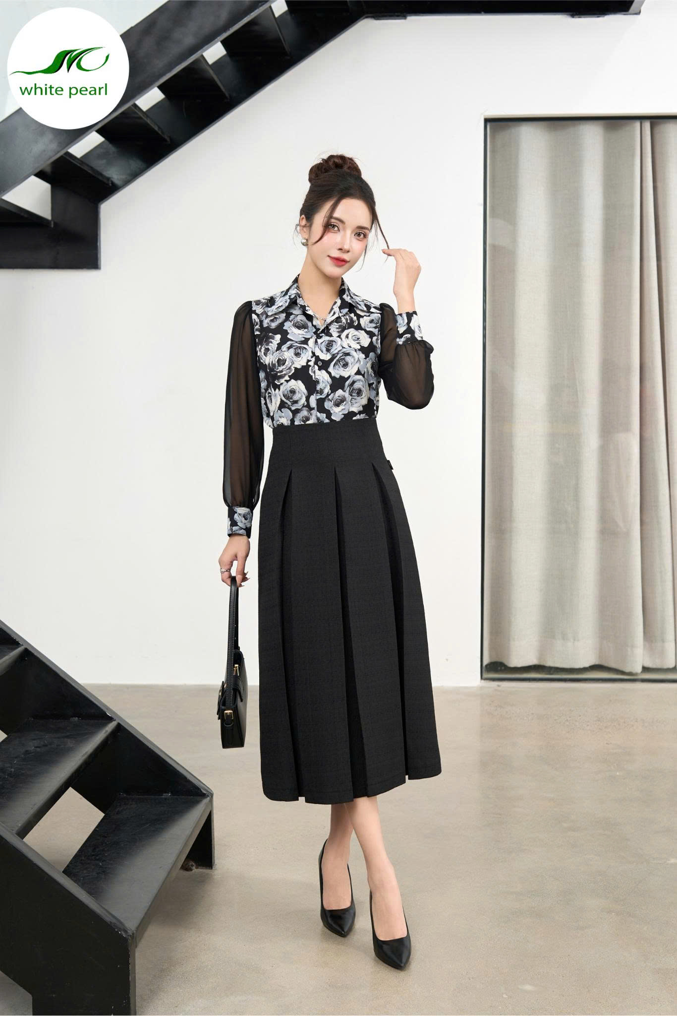 Áo cổ đức tay pha Thời Trang Công Sở White Pearl 