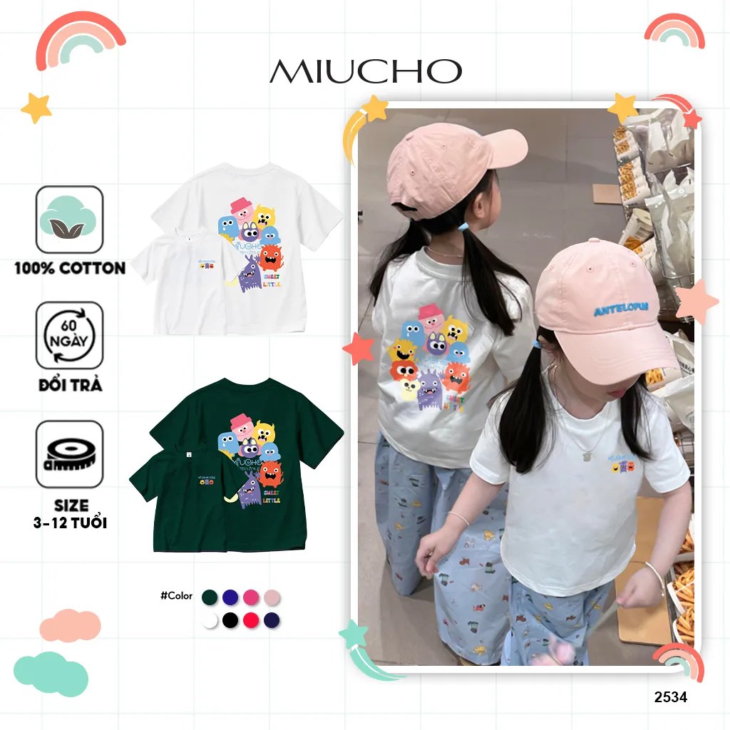 Áo thun cho bé form rộng 2534 Miucho Kid chất vải thoáng mát co giãn thấm hút mồ hôi in mix