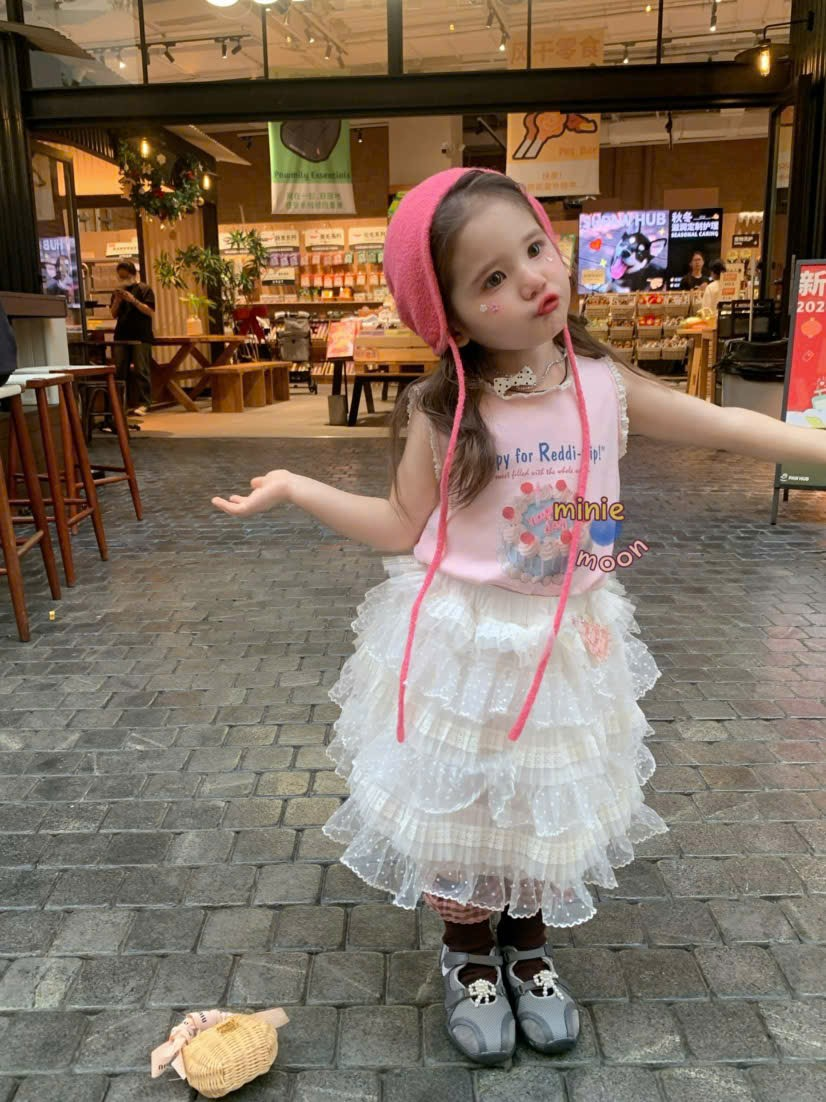 C170 - Áo sát nách hồng in hình phối ren vai hãng Minie Moon (Sz90-130)