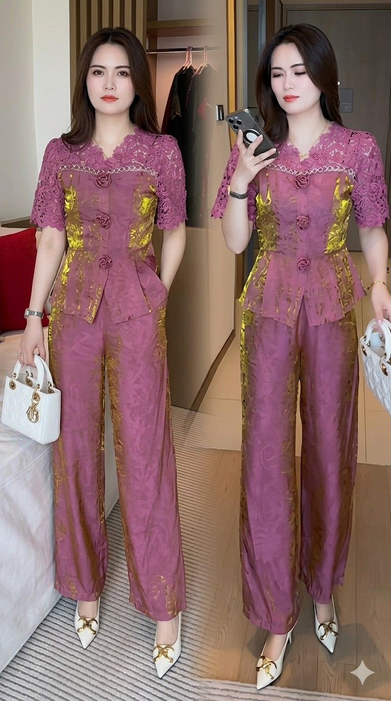 18369-Set bộ lụa hồng mới cùng áo phối ren vai (lụa nha xá)