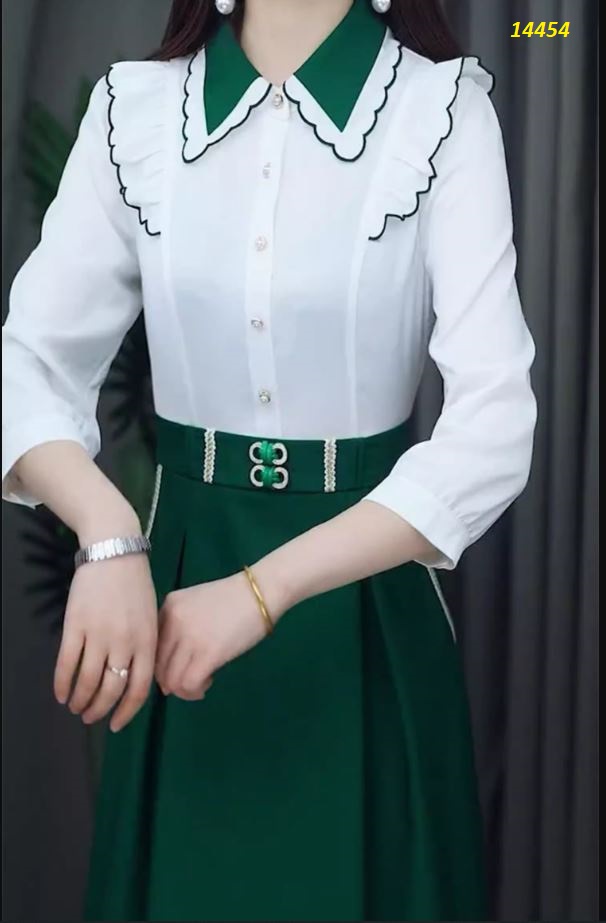 14454-Đầm xòe công sở tay dài  kiểu cổ sơ mi xanh lá_thumbnail_1