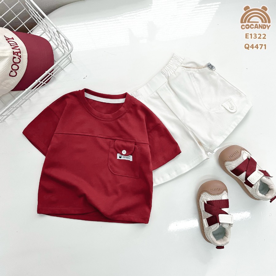 Áo cộc thun ĐỎ nắp túi ốp kẻ ngang