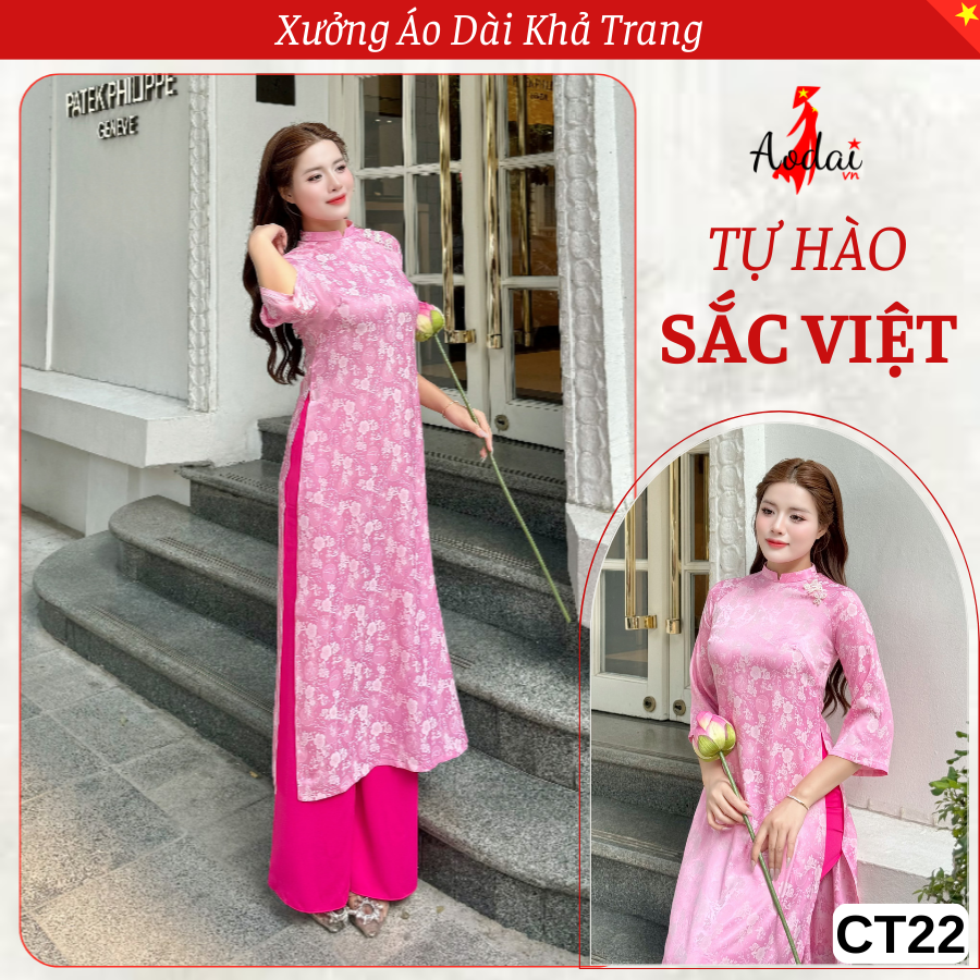 CT22 Áo Dài Cách Tân Dáng Suông Gấm Hồng Cổ Cao 2cm Tay lỡ