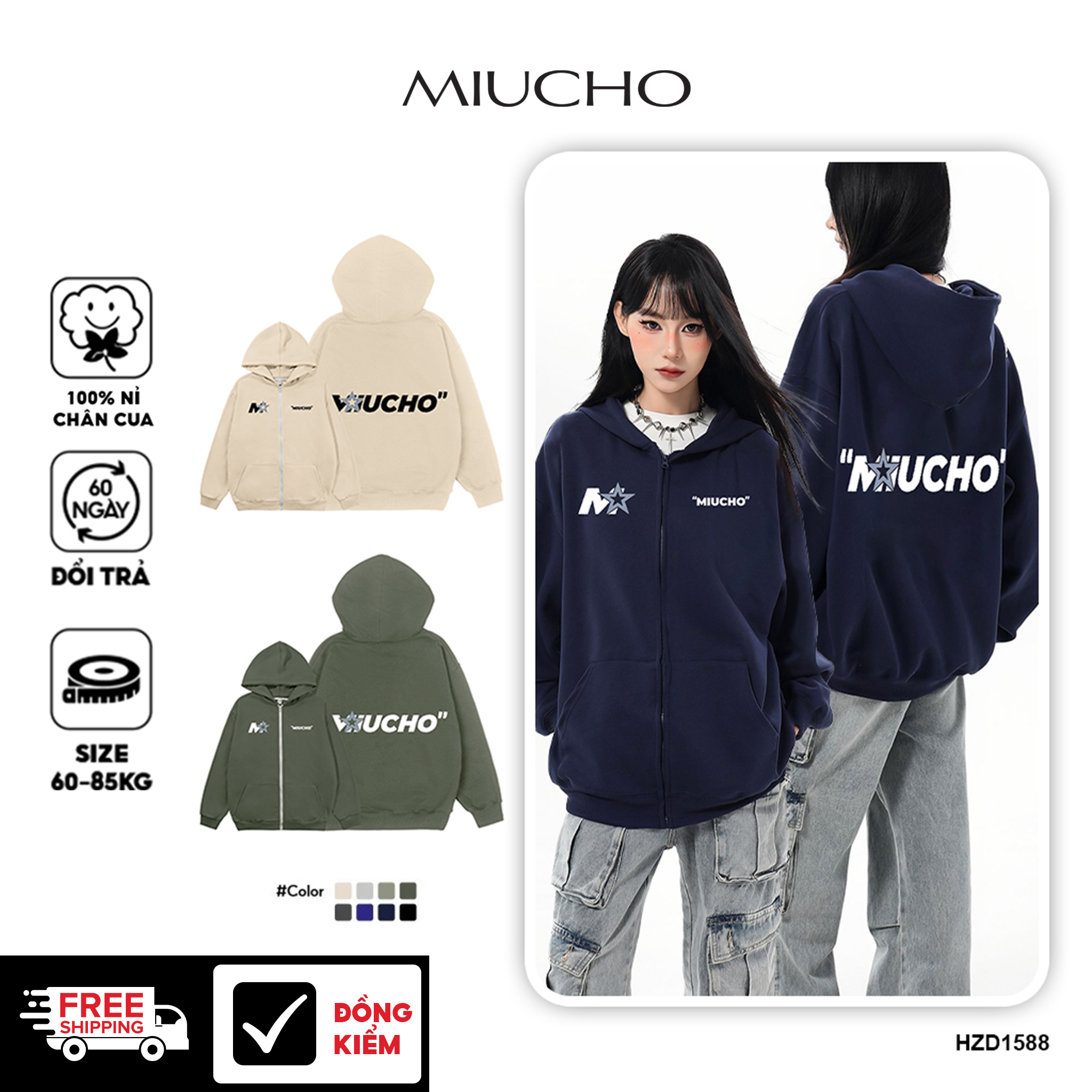 Áo hoodie zip local brand HZD1588 Miucho vải nỉ chân cua dày dặn mủ rộng in typography