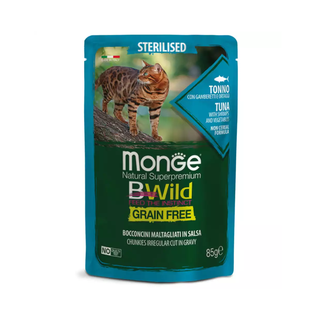 Pate cho mèo Monge Bwild - Pouches - Chunkies Sterilised Tuna With Shrimps and Vegetables (vị Cá ngừ, tôm và rau) 85gr