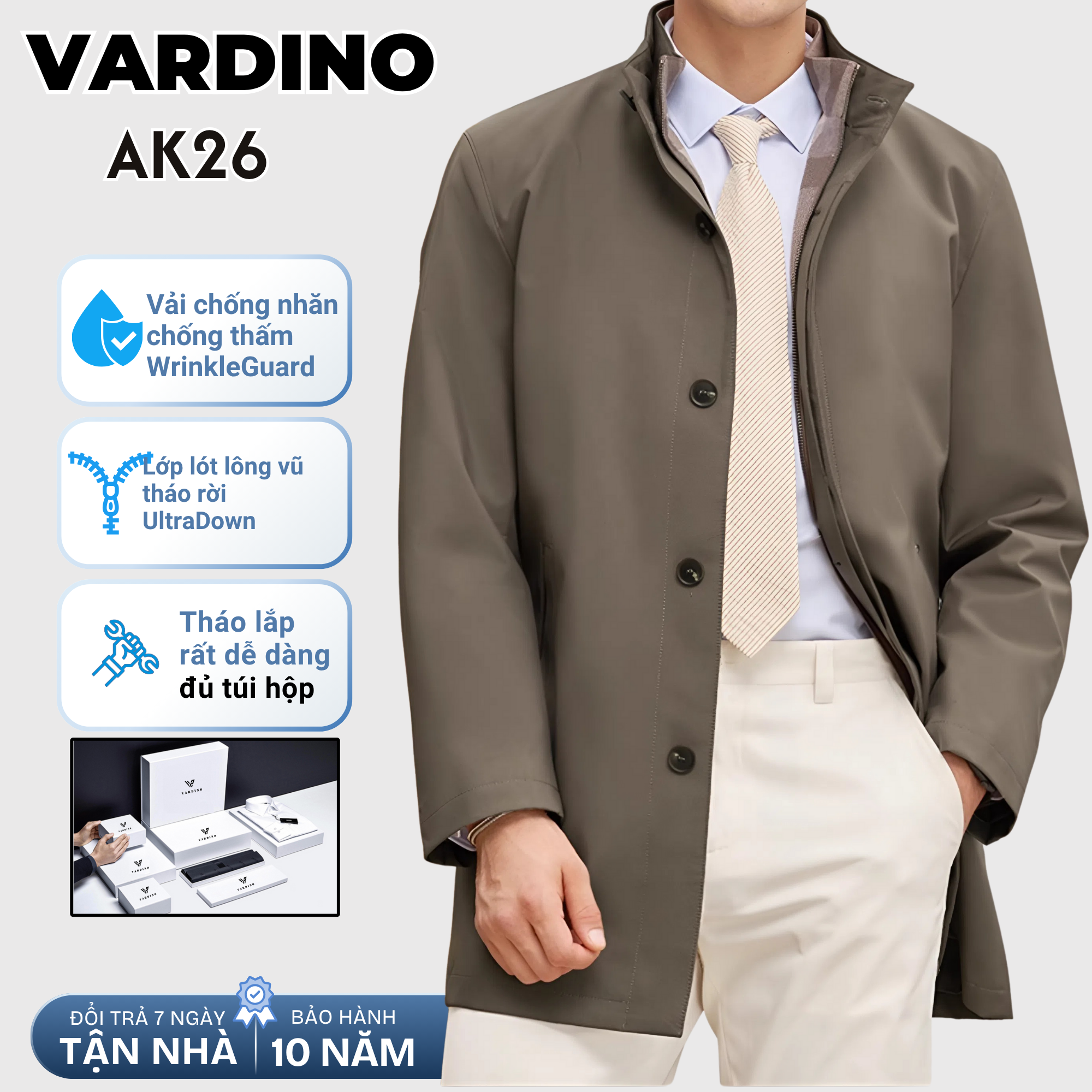 Áo khoác mangto nam công sở Vardino AK26 lót lông vũ tháo rời