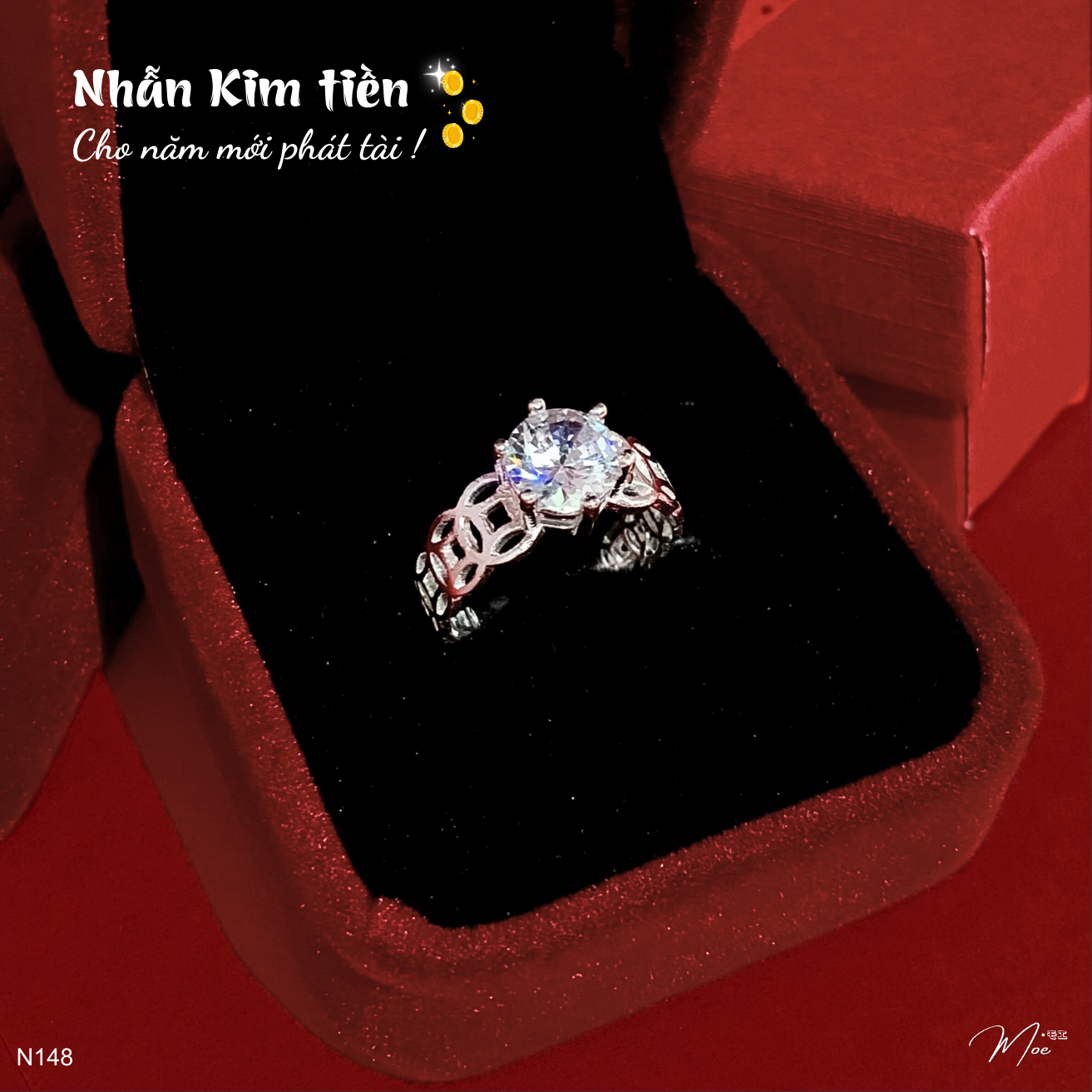 N148 - Nhẫn kim tiền trơn đá chủ kim cương