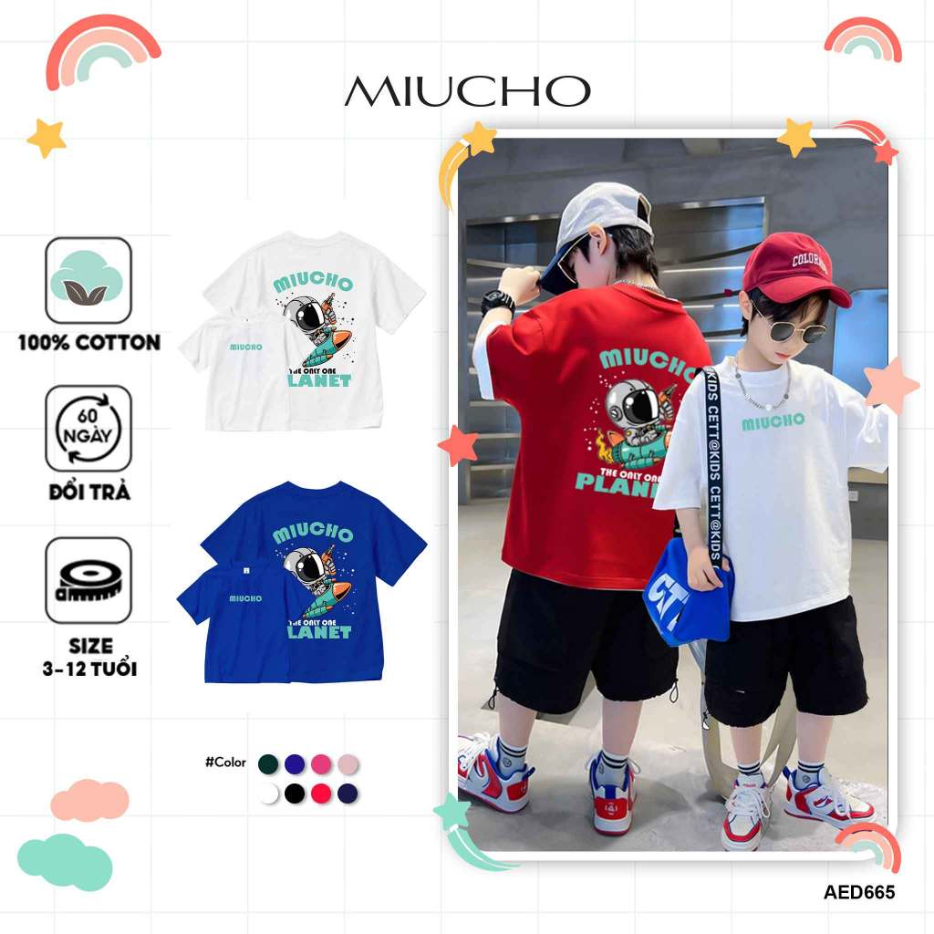 Áo thun bé trai form rộng AED665 Miucho Kid 100% vải cotton thoáng mát basic