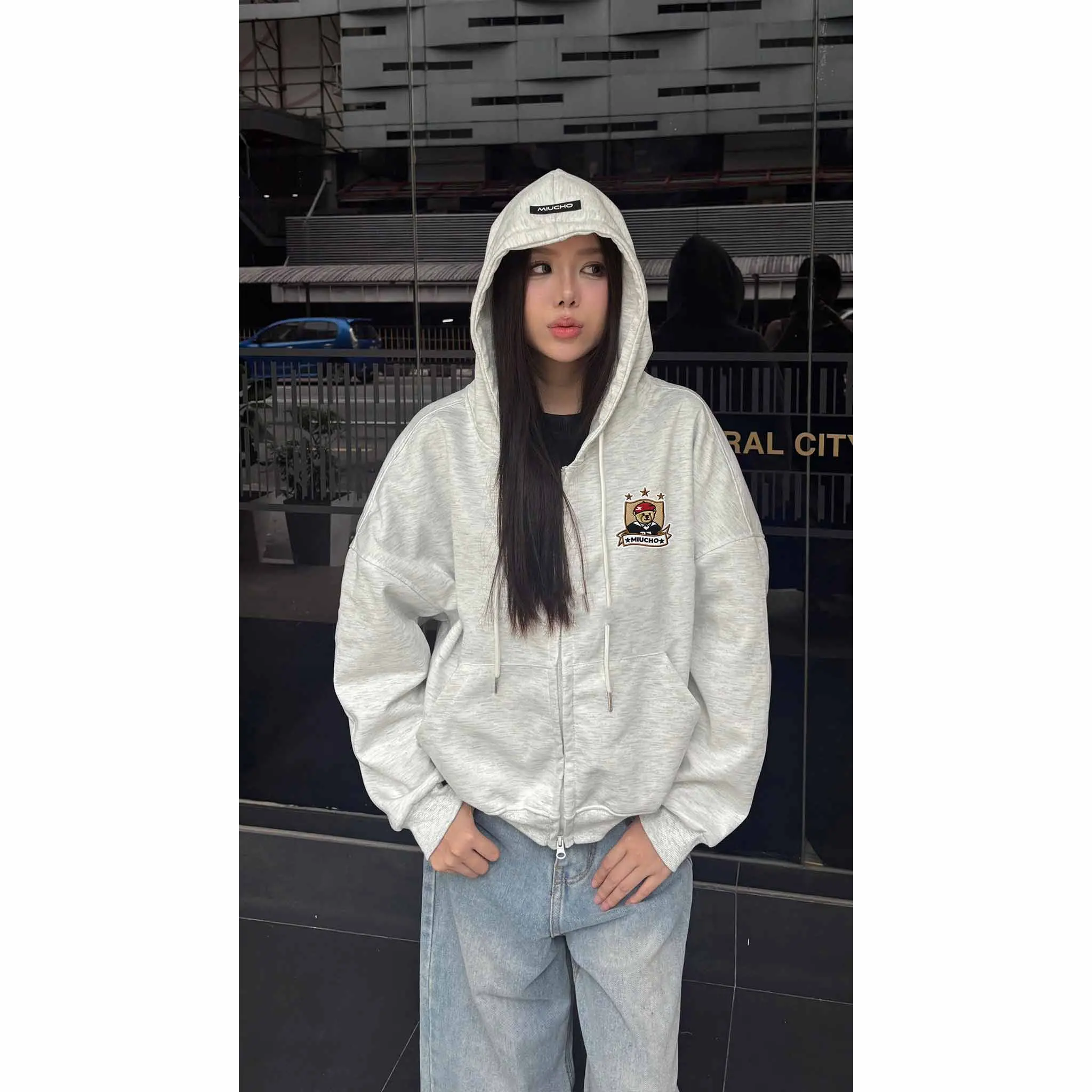 Áo hoodie zip form boxy Miucho vải nỉ 2 da mềm mại thoáng mát có nón khóa kéo in mix 2839_thumbnail_5