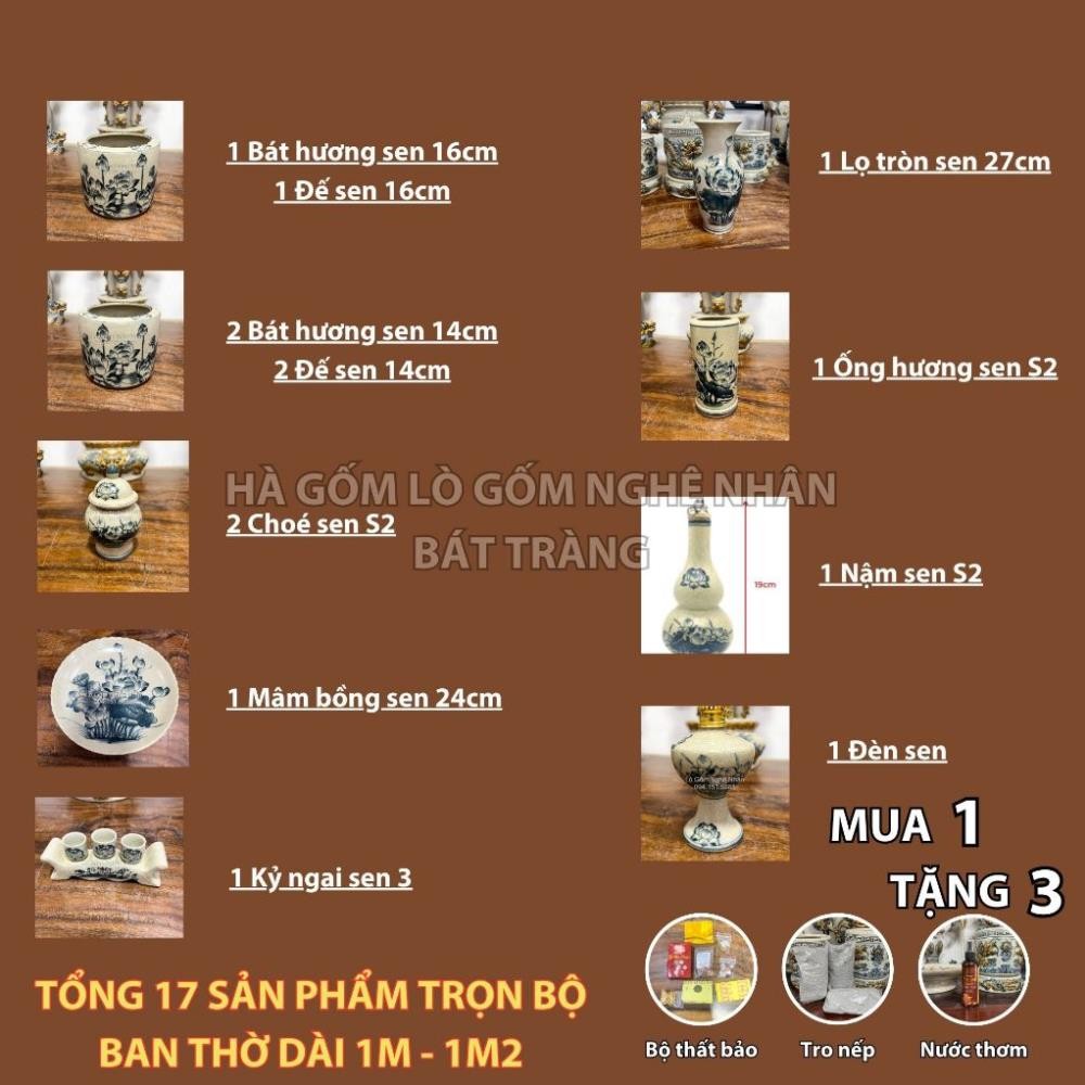 HG112 Đồ Thờ Cúng Bộ 17 món ban thờ 1M - 1M2 men rạn trơn nghệ nhân Bát Tràng chế tác TẶNG Thất Bảo, Tro Nếp_thumbnail_1
