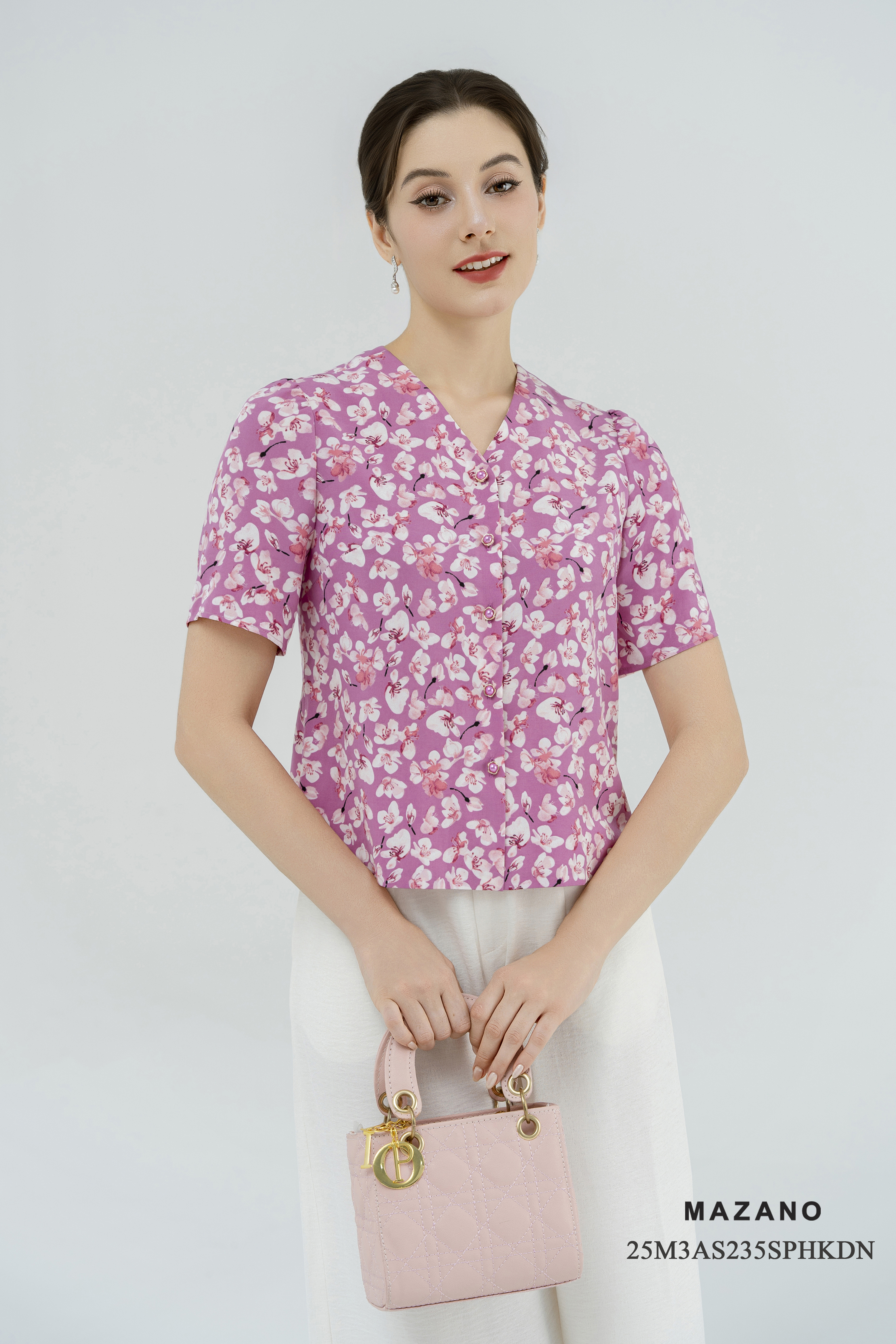 Áo sơ mi cài khuy Suông Vải thô mỏng Họa tiết hoa lan Cổ V Tay ngắn Dài dưới eo_thumbnail_3