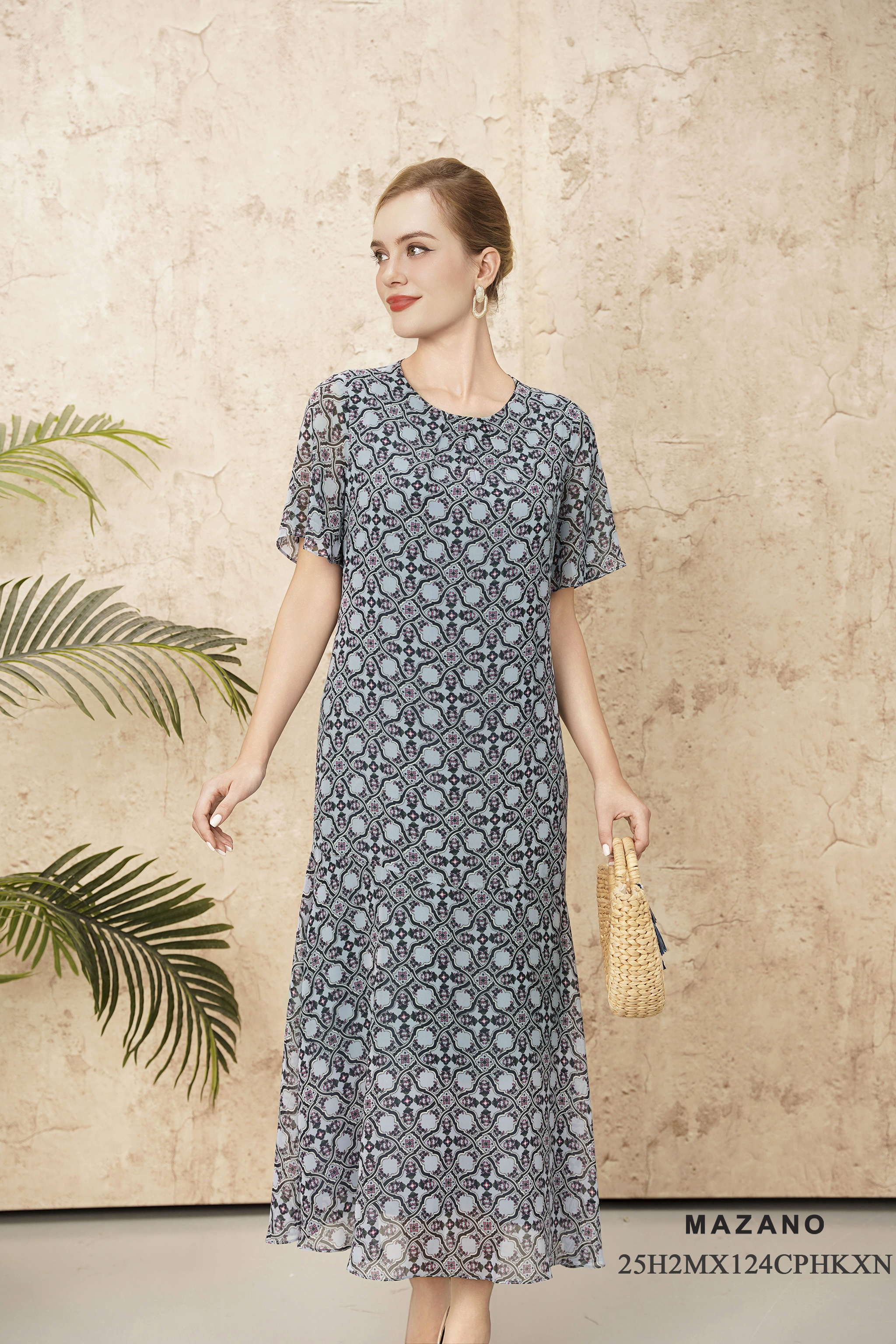 Váy Maxi eo suông vải Voan Cổ tròn Tay ngắn Dài Váy đến mắt cá