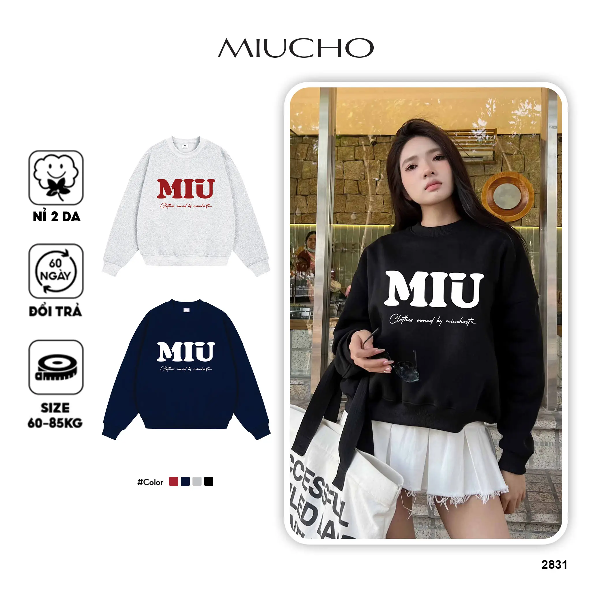 Áo Sweater form boxy Miucho nỉ 2 da dày dặn thoáng mát thoải mái mỗi ngày in chữ MIU basic 2831