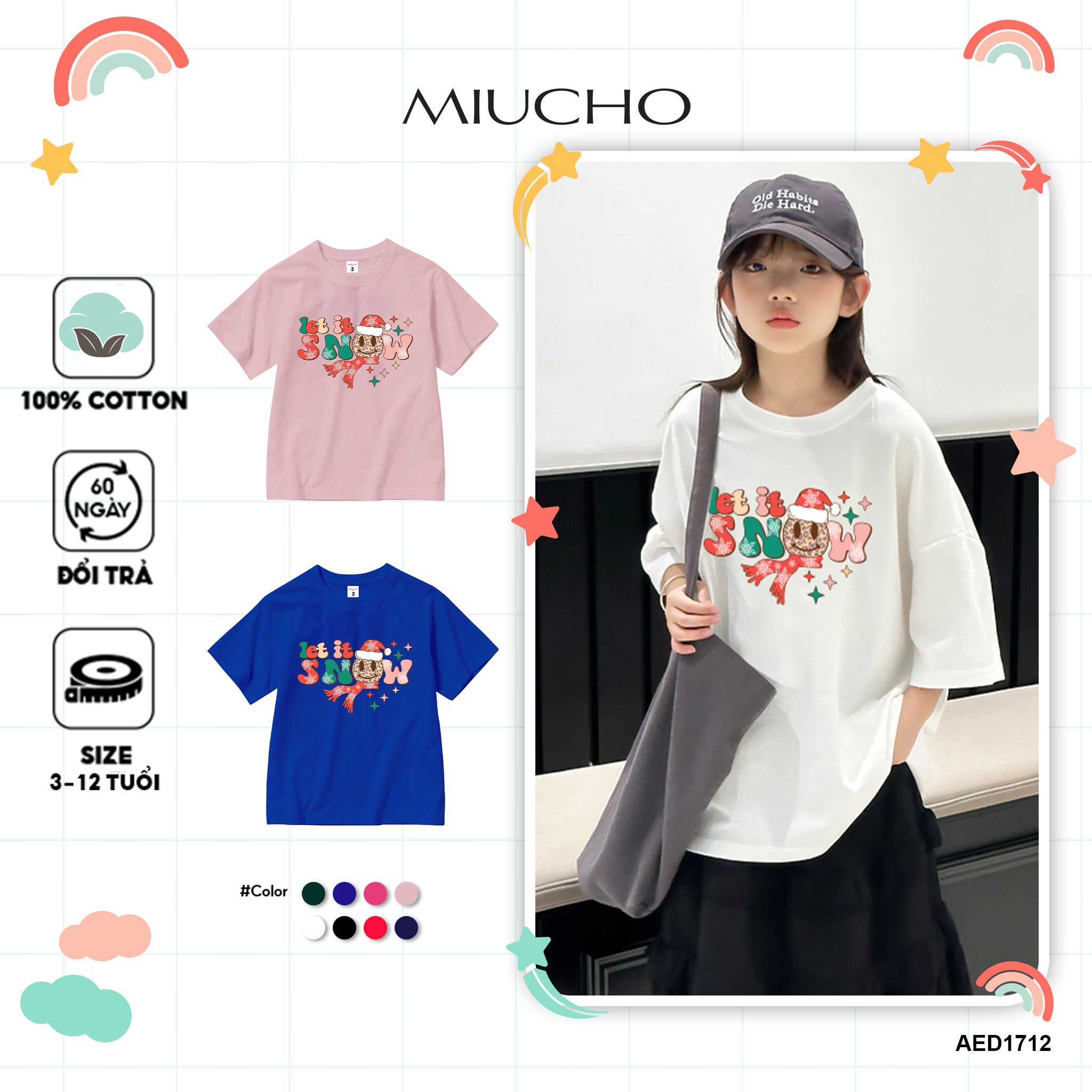 Áo thun bé gái giáng sinh noel from rộng chất vải cotton thoáng mát AED1712 Miucho Kid in graphic