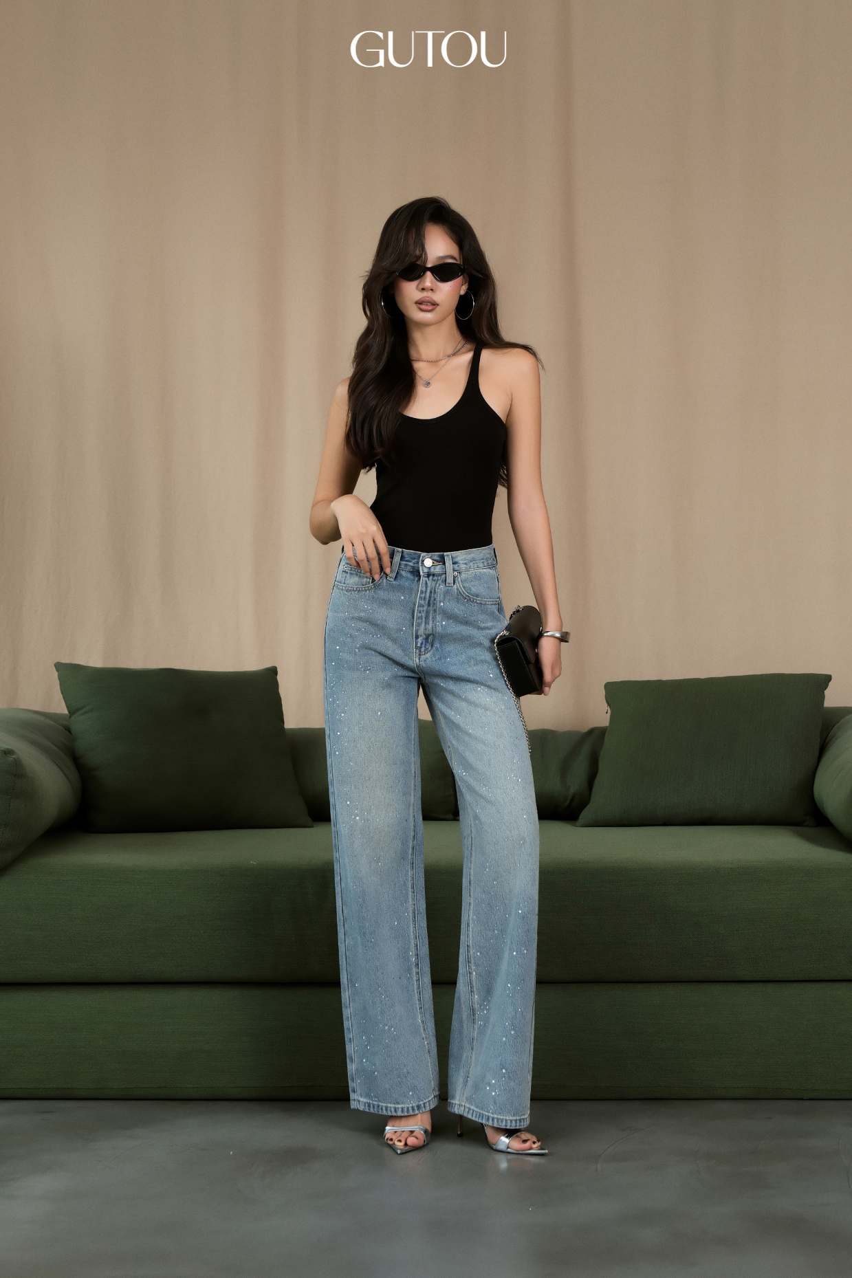 [ GUTOU ] Quần Suông Đính Đá Crystal Jeans