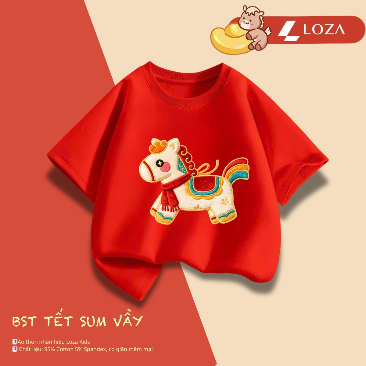 Áo phông gia đình Tết 2026 in hình Ngựa - Áo thun đồng phục gia đình 3-4-5 người - Loza GĐ3498-1_thumbnail_0