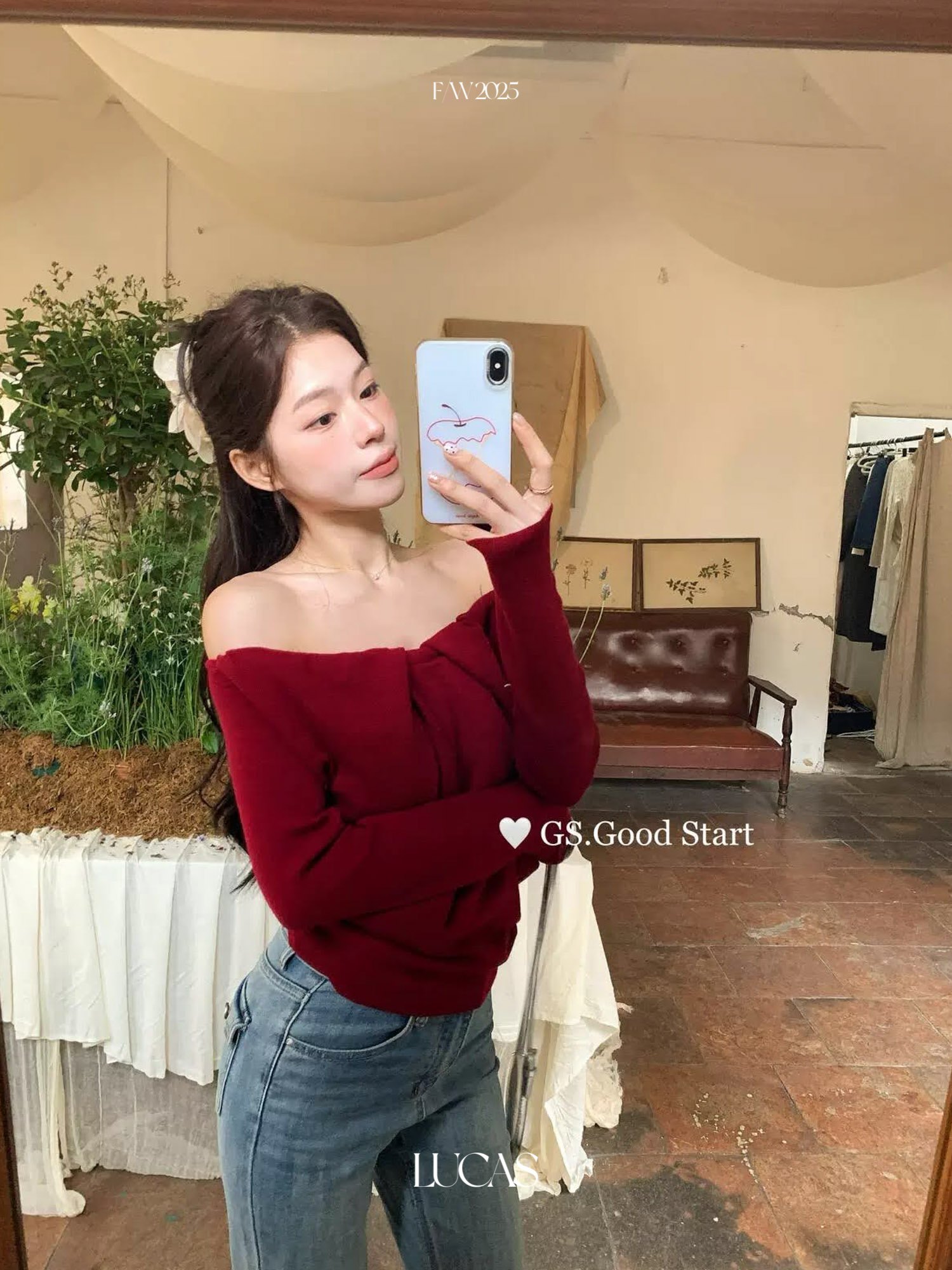 Lucas - Áo len trễ vai xếp ly nẹp ngực Good Start dài tay