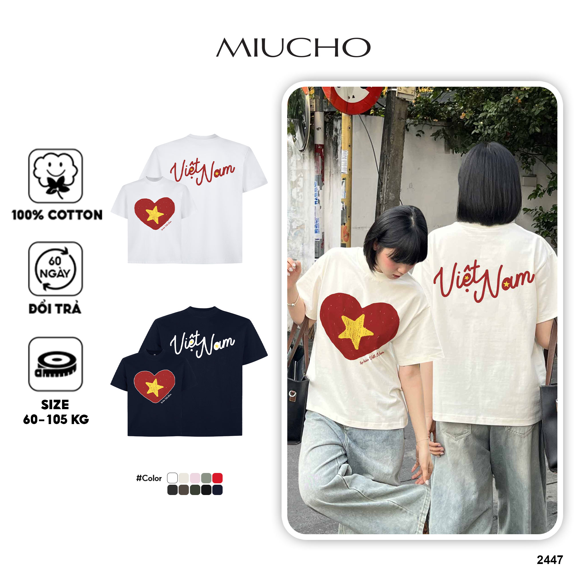 Áo thun Việt Nam hình tim form boxy AXD2447 Miucho vải 100% cotton co giãn thoáng mát cổ tròn in mix