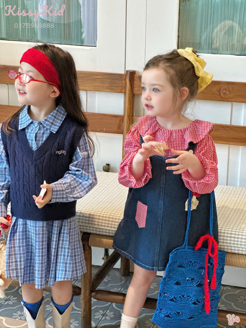 (Y4) Set áo thô cổ bèo caro đỏ kèm váy yếm bò Xing Xing_thumbnail_0
