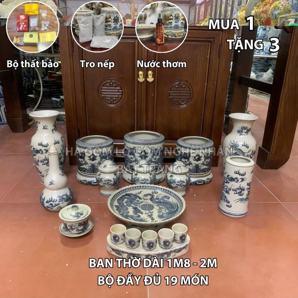 HG129 Đồ Thờ Cúng Bộ 19 món ban thờ 1M8 - 2M men rạn trơn nghệ nhân Bát Tràng chế tác TẶNG Thất Bảo, Tro Nếp