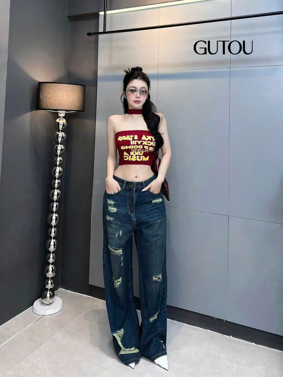 [ GUTOU ] Quần Jean Suông Rách Wash Đậm Cá Tính_thumbnail_1