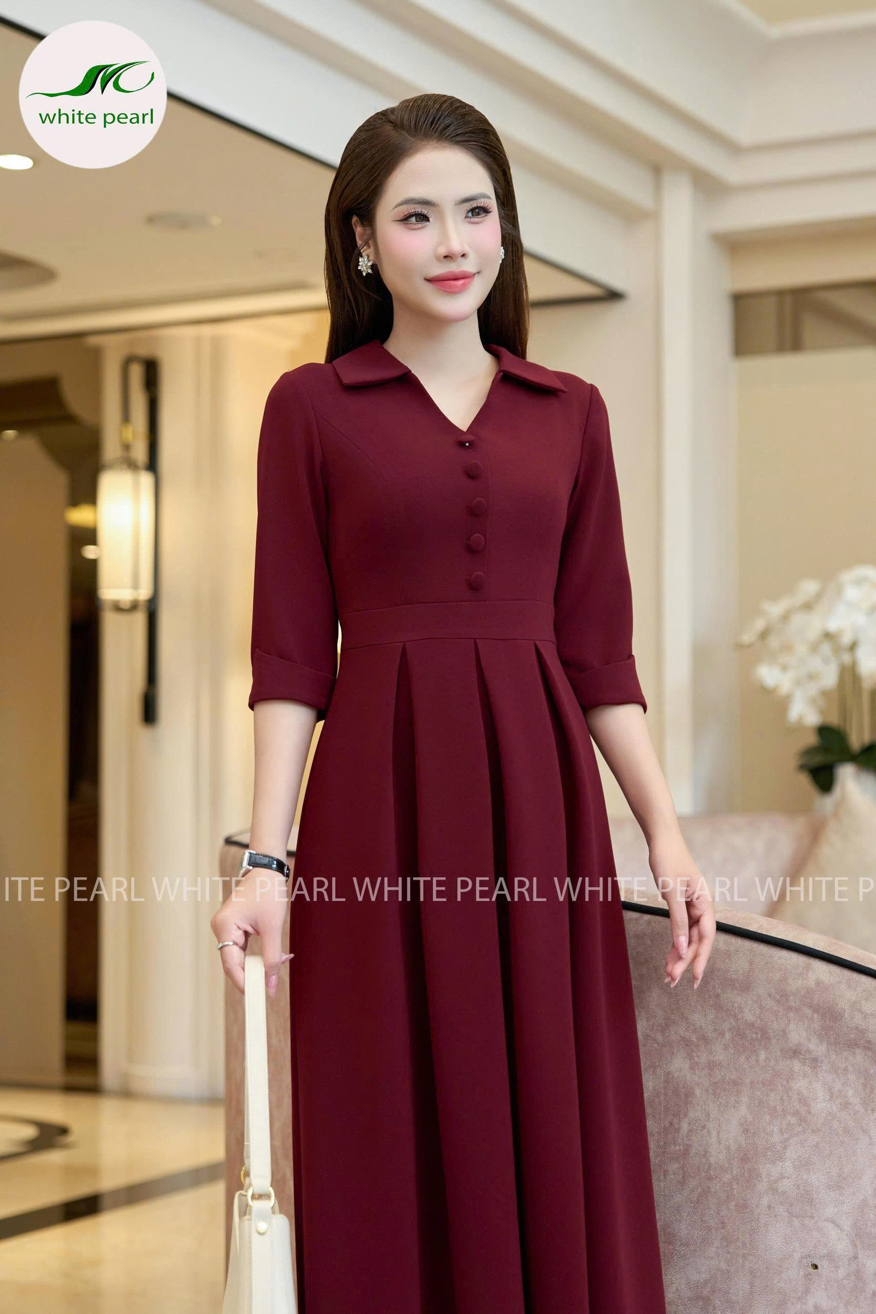 Đầm liền tay lỡ Thời Trang Công Sở Nữ Cao Cấp White Pearl