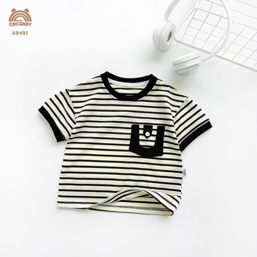 Áo cộc kẻ ĐEN BE cổ tròn túi ngực phối_thumbnail_4