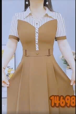 14698-Đầm xòe nâu phối trắng sọc phía trên (chéo nhật, lụa sọc)_thumbnail_1