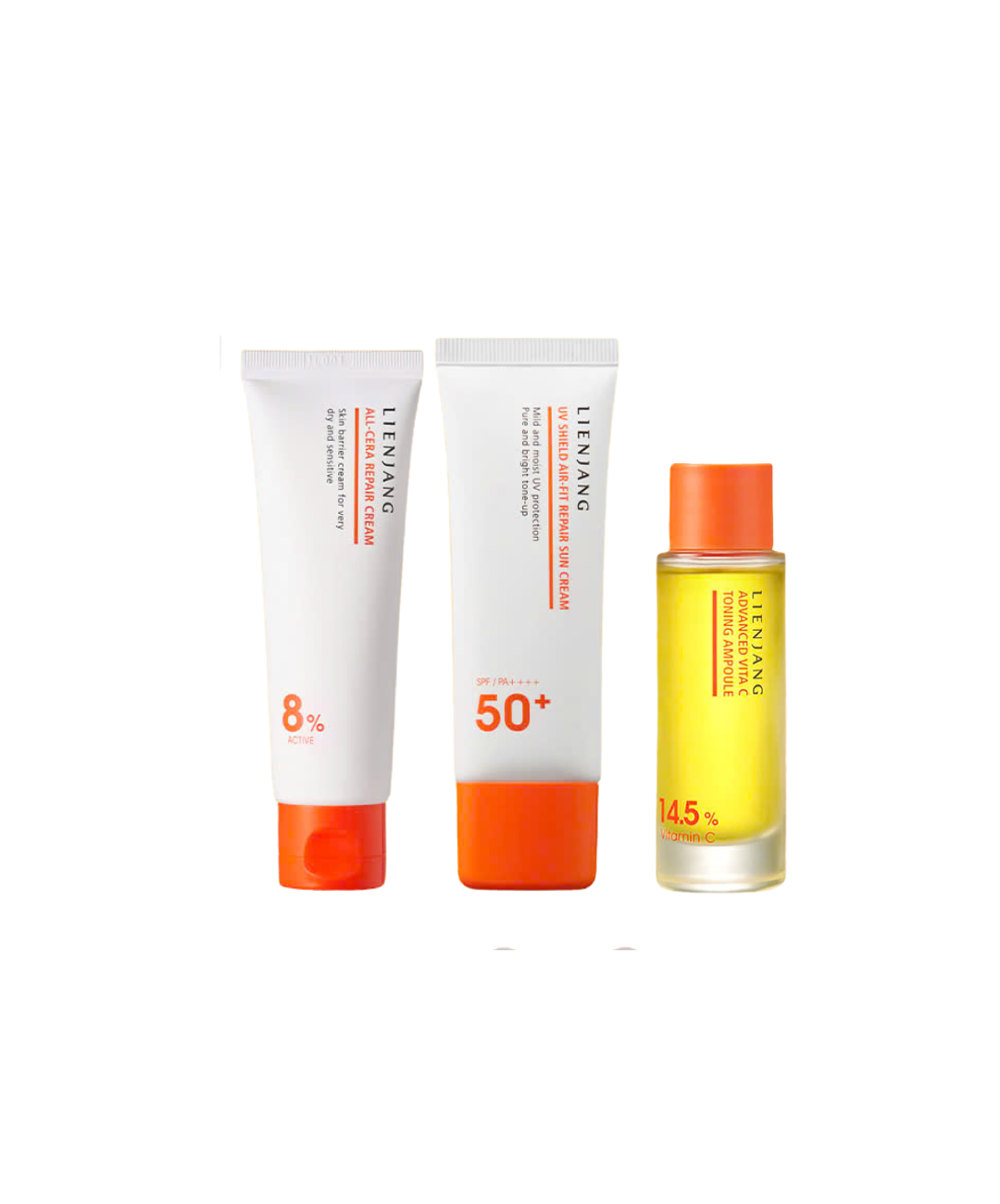 COMBO LIENJANG ADVANCED VITA C TONING AMPOULE 14.5% & ALL-CERA REPAIR CREAM & UV AIR FIT REPAIR SPF50+/PA+++++ - Bộ Kem Dưỡng, Kem Chống Nắng & Serum - Phục Hồi Da Dưỡng Trắng Sáng Mờ Thâm Nám - Ceramide 5X, Vitamin C 14.5% [LJ018]