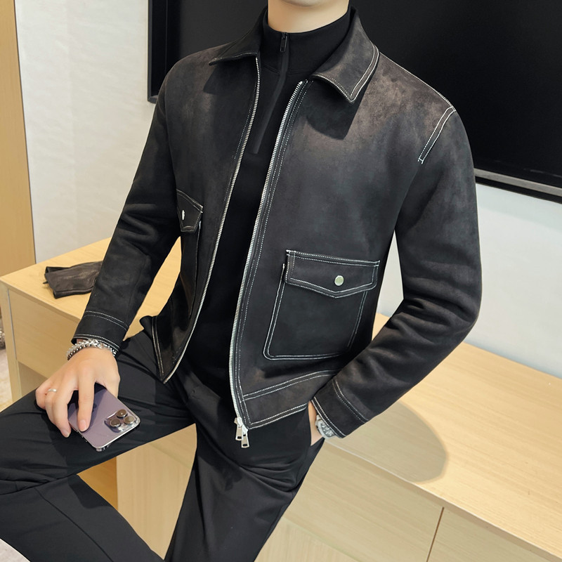 PA14 – Áo jacket nam thu đông dây kéo đồng màu, cổ bẻ, túi lớn, lót lông