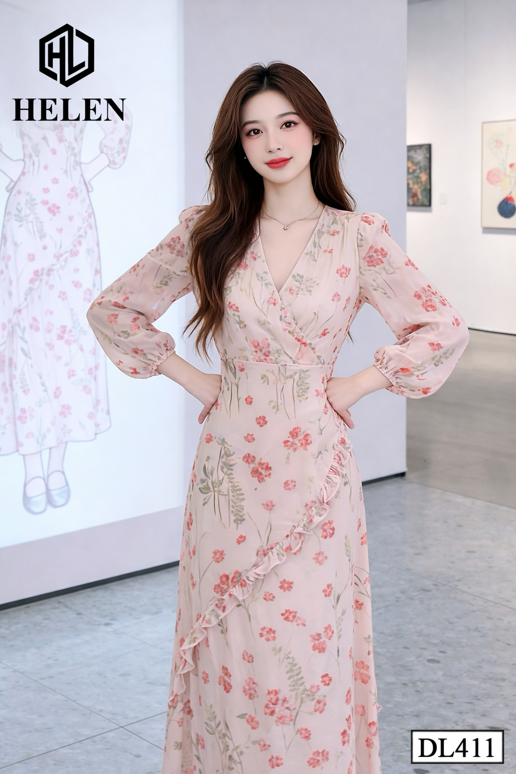 Đầm xòe hồng cổ V DL411