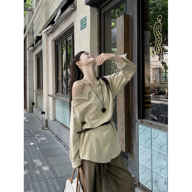 [Kèm dây lưng] Áo sơmi kẻ form suông đính cúc vai mặc được nhiều kiểu, áo sơ mi dài tay kèm dây lưng Logastore_142_thumbnail_3