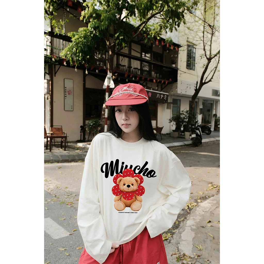 Áo thun nữ boxy tay dài Miucho vải dày dặn thoáng mát đứng form hình gấu dễ thương 2950_thumbnail_5