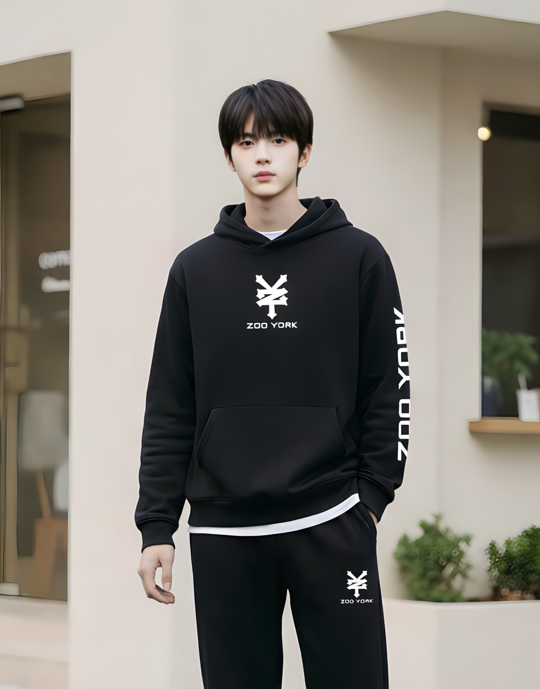 Áo nỉ hoodie đen in ngực và tay