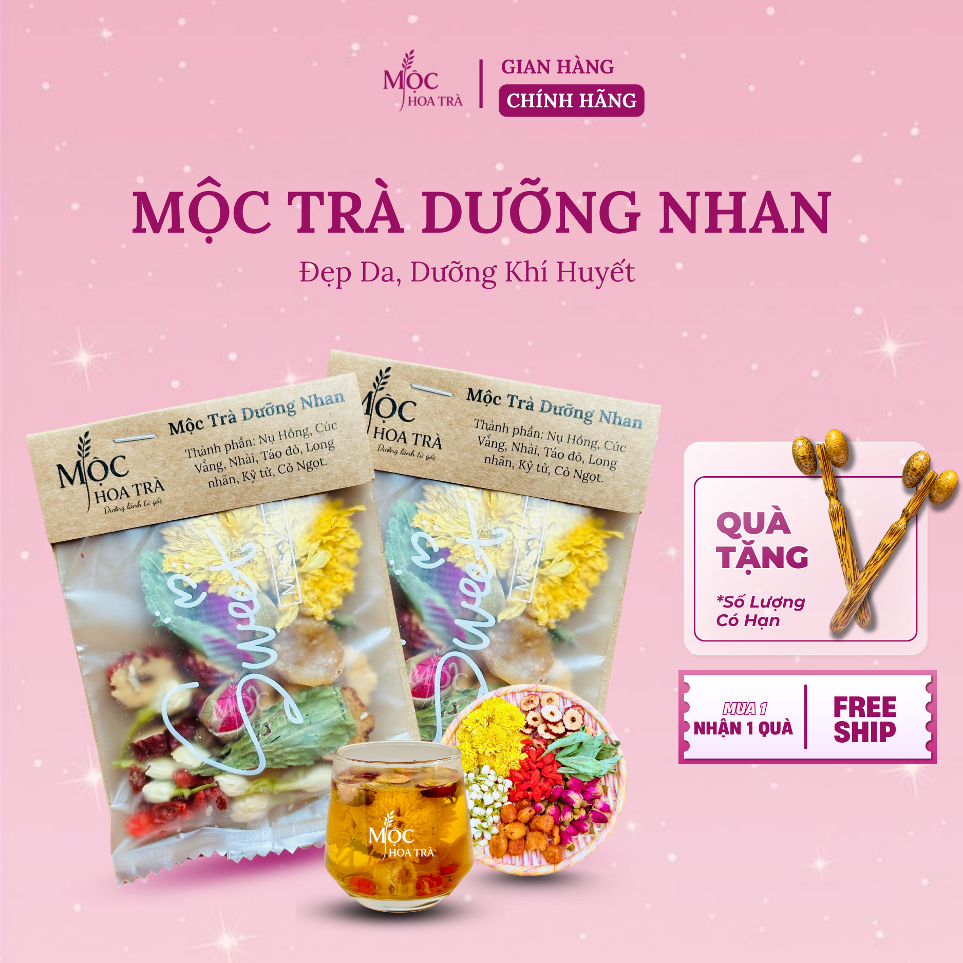 Mộc Trà Dưỡng Nhan – Trà Hoa Thảo Mộc Thiên Nhiên 7 Vị – Đẹp Da, Dưỡng Khí Huyết – Nguyên liệu Sấy Lạnh