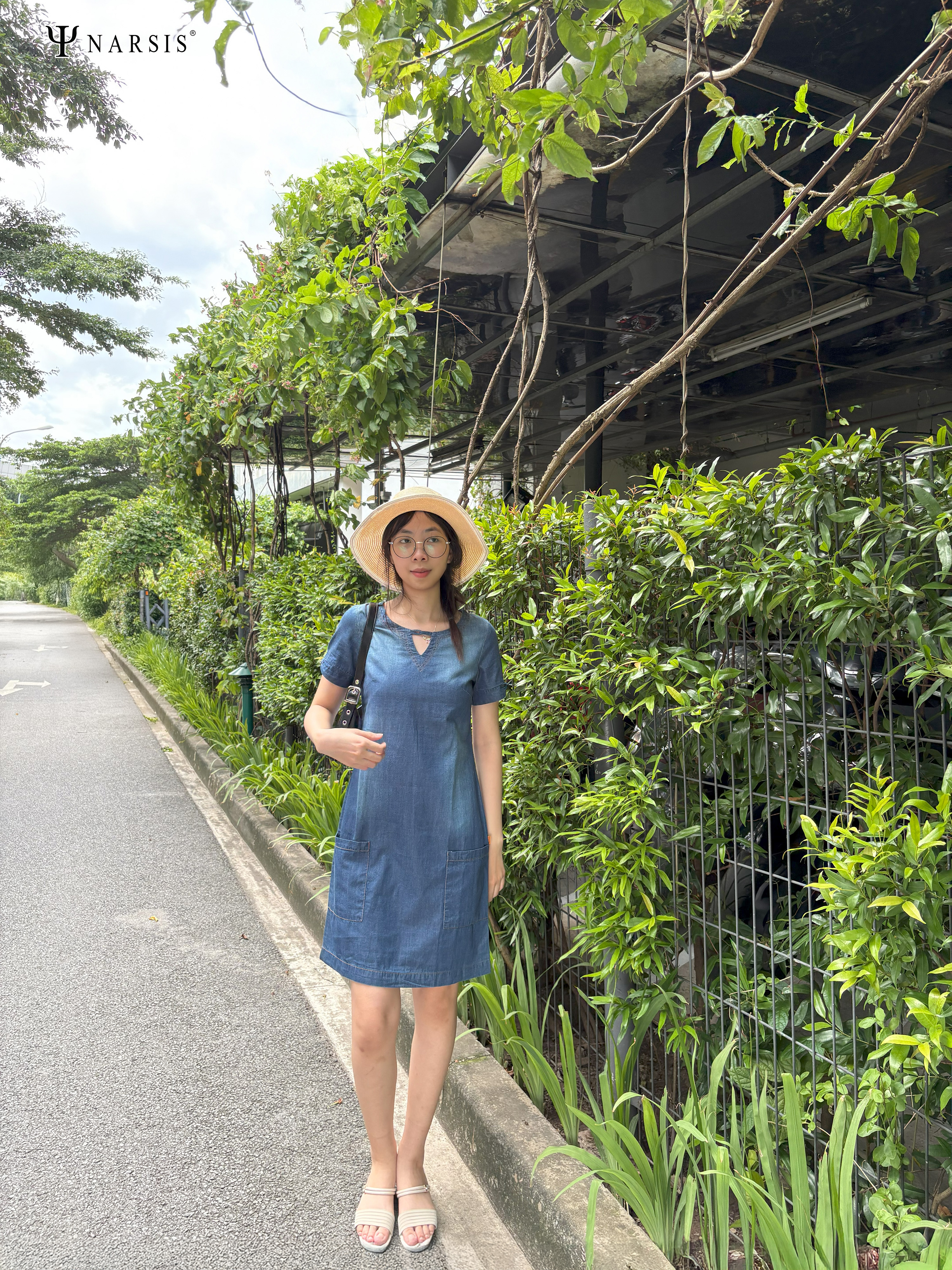 ĐẦM JEAN CỔ V TAY NƠ B8001 NARSIS CHẤT LIỆU JEAN BỀN BỈ, CÁ TÍNH, TRẺ TRUNG, THỜI TRANG_thumbnail_2