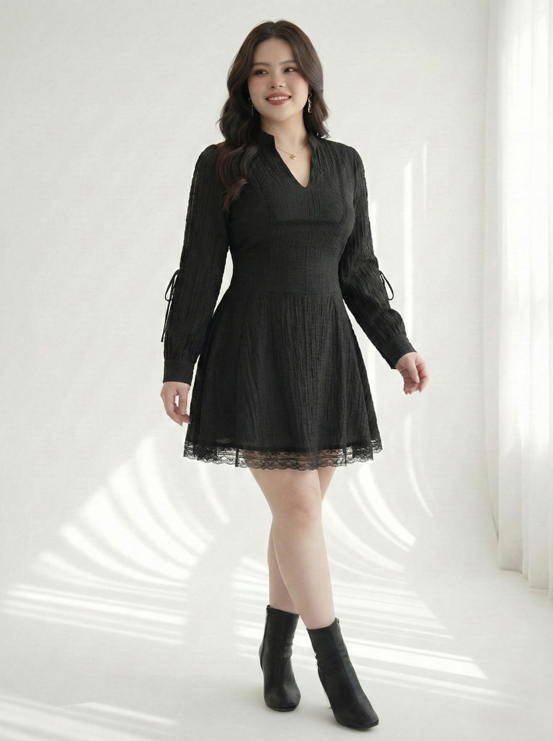 BIGSIZE NỮ - Đầm voan dáng A xòe phối ren V- DA214