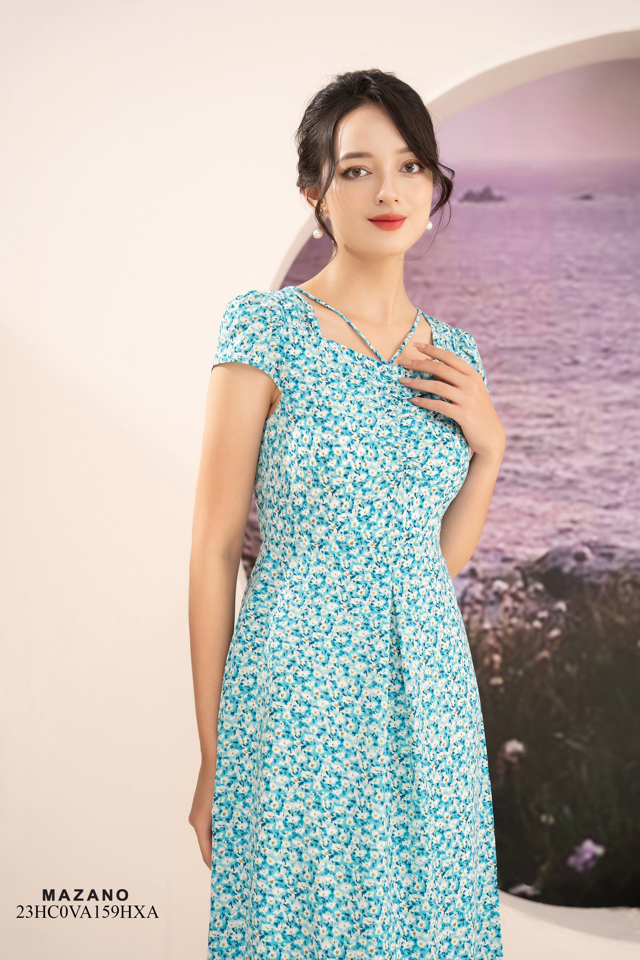 Váy Đầm ôm Chân rủ Vải thô mỏng Hoạ tiết hoa nhí Cổ V Tay ngắn Dài ngang bắp chân_thumbnail_3