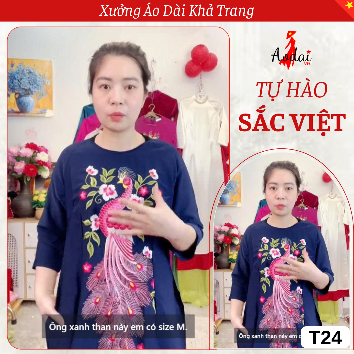 Bộ Áo dài Màu Xanh Than Thêu Công Hồng Cổ Tròn Tay Lỡ