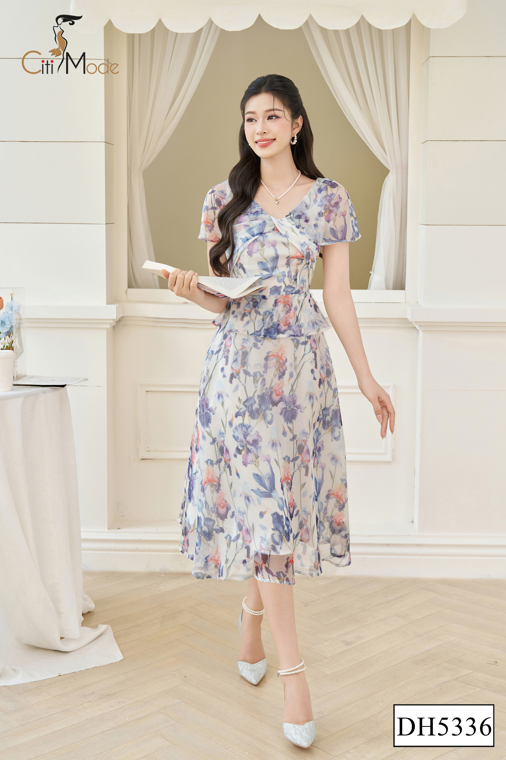 Đầm xoè peplum hoa tím cổ xoắn_thumbnail_3