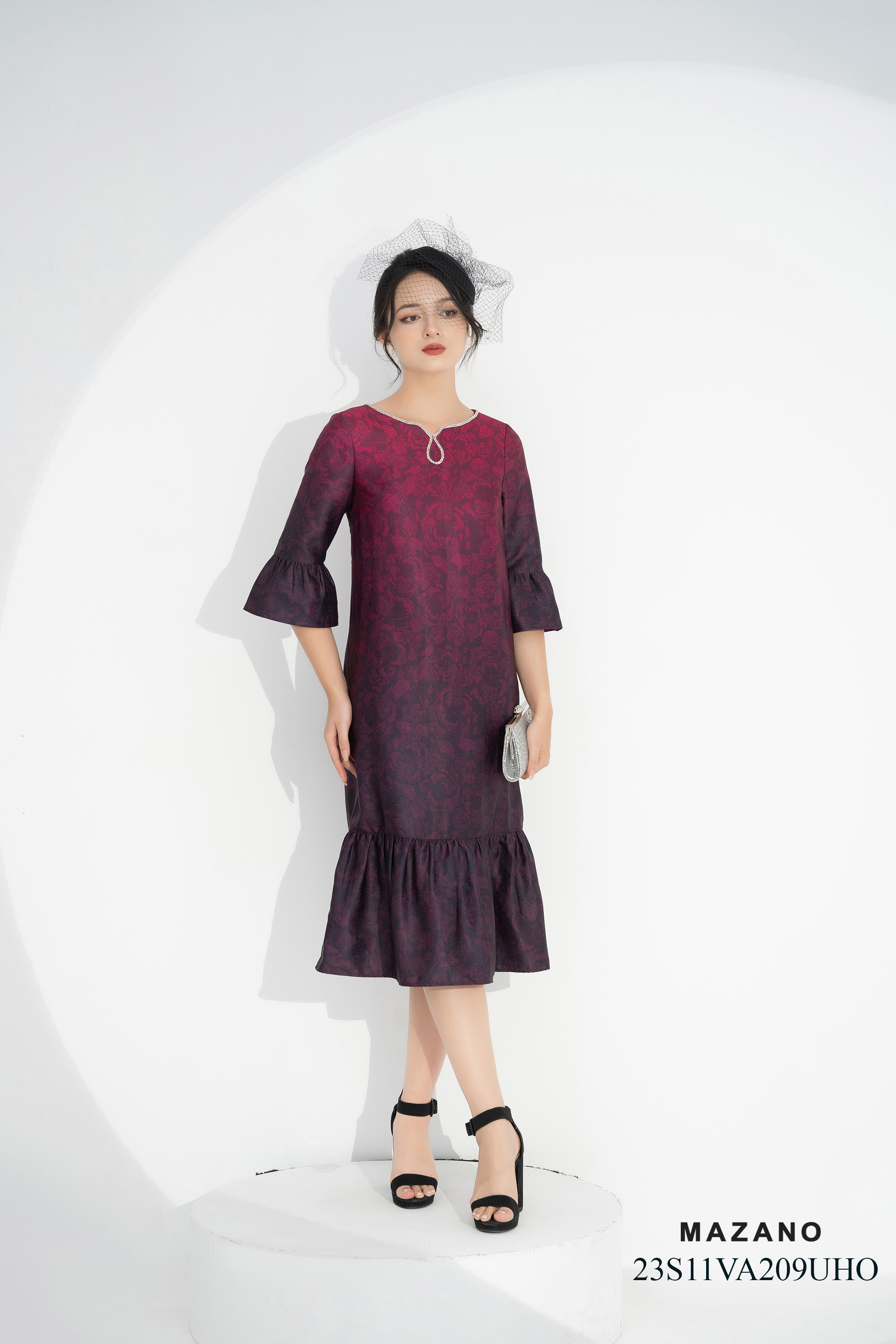 Váy Đầm Suông Chân xếp ly Vải thô gấm Họa tiết hoa in ombre Cổ cách điệu Tay lỡ Dài qua bắp chân