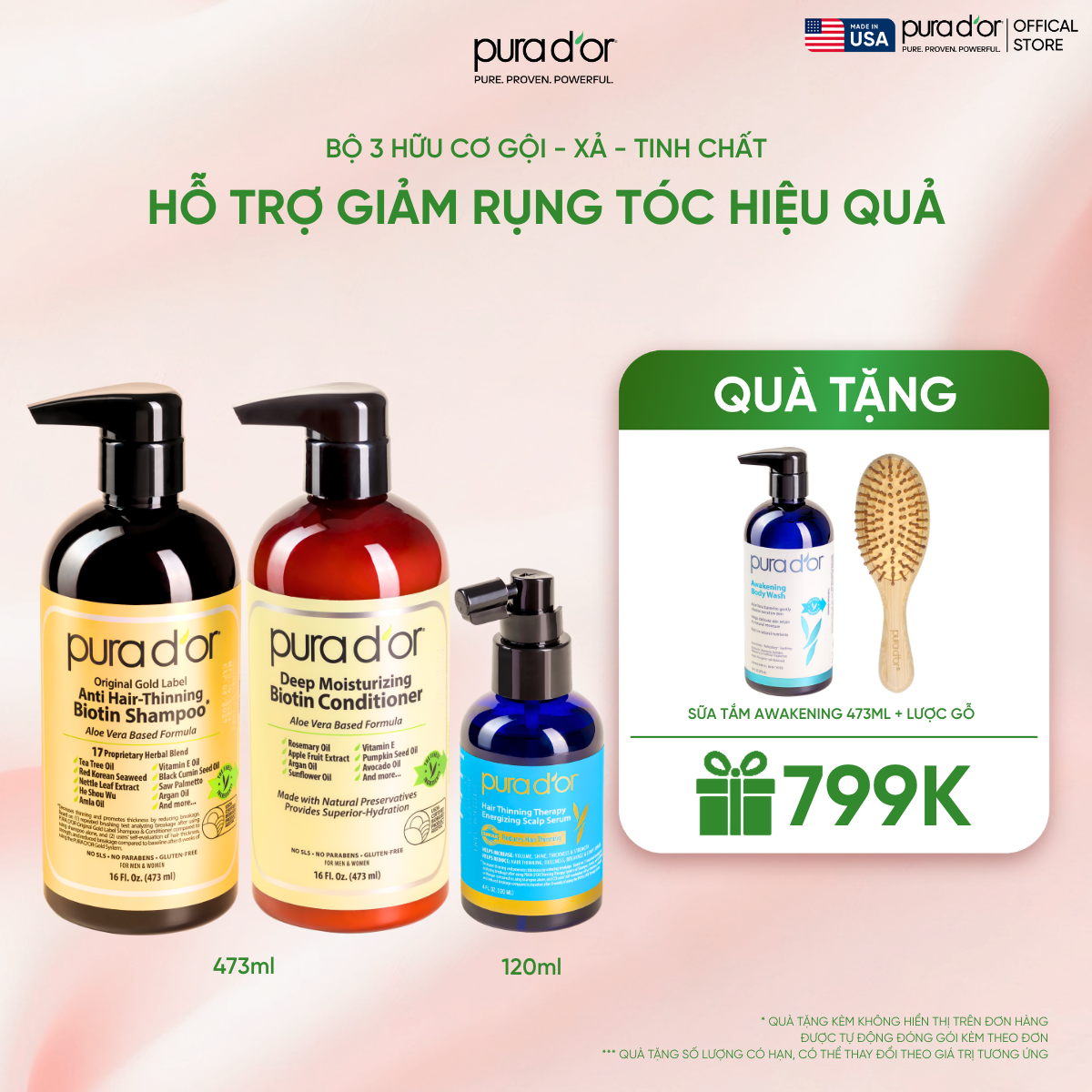 Combo 3 Bước Dầu Gội, Dầu Xả, Giảm Rụng Tóc Organic Pura D'or Biotin Gold Label 473ML | Chăm Sóc Tóc, Chăm Sóc Da Đầu, Dưỡng Tóc, Hỗ Trợ Mọc Tóc - Mega Livestream - Combo 3 bước 473ml