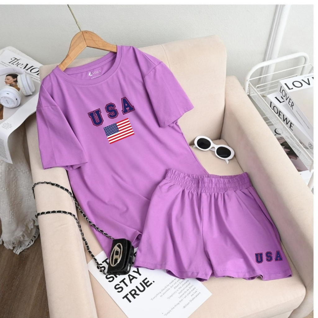 [Form rộng] Set đồ nữ hình màu tím chất cotton - Đồ bộ nữ thời trang (áo phông + quần đùi cotton) - LOZA G0283_thumbnail_8
