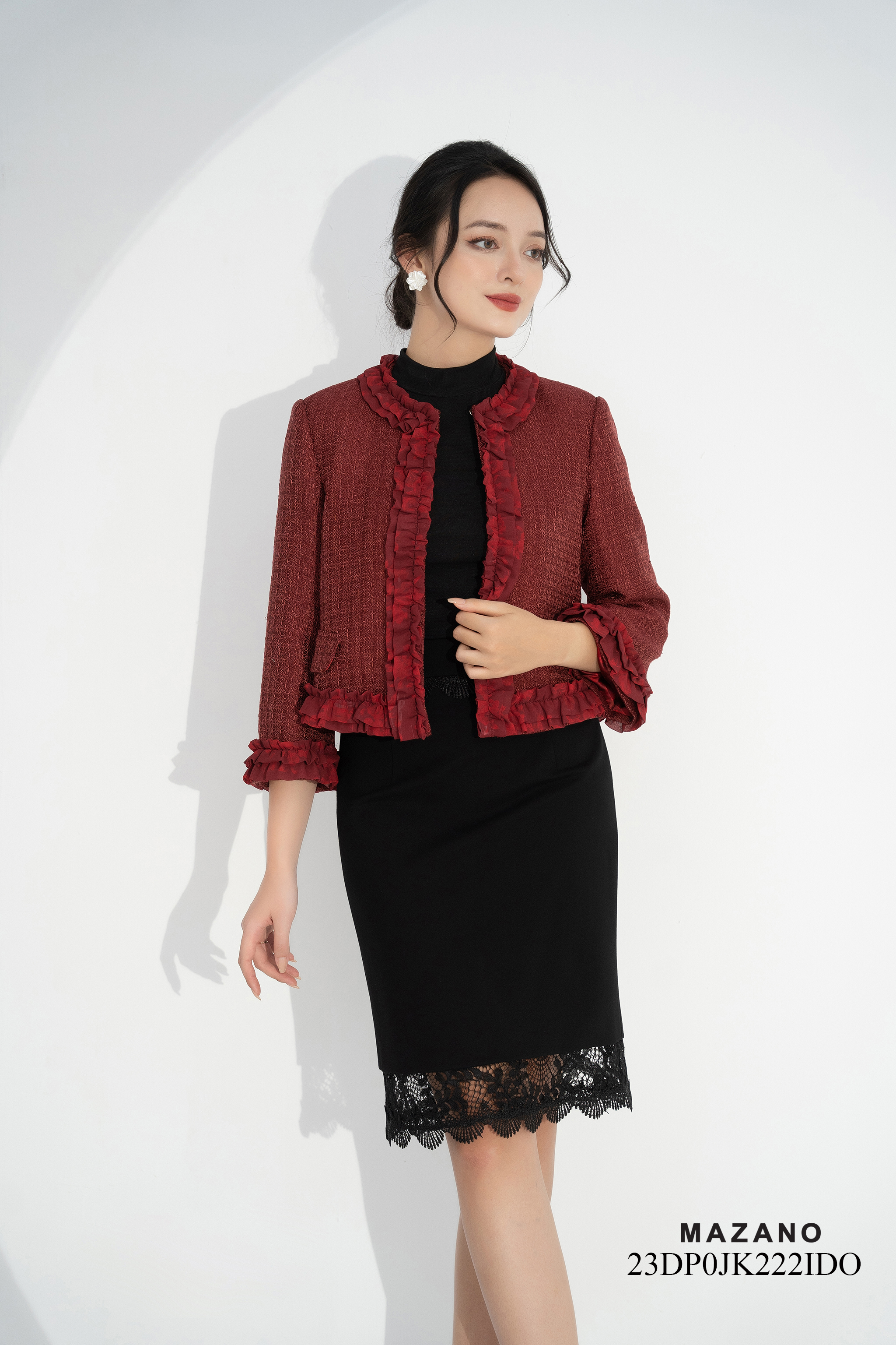 Áo khoác ngắn Suông Vải dạ tweed Trang trí bèo in họa tiết Cổ tròn Dài dưới eo_thumbnail_3