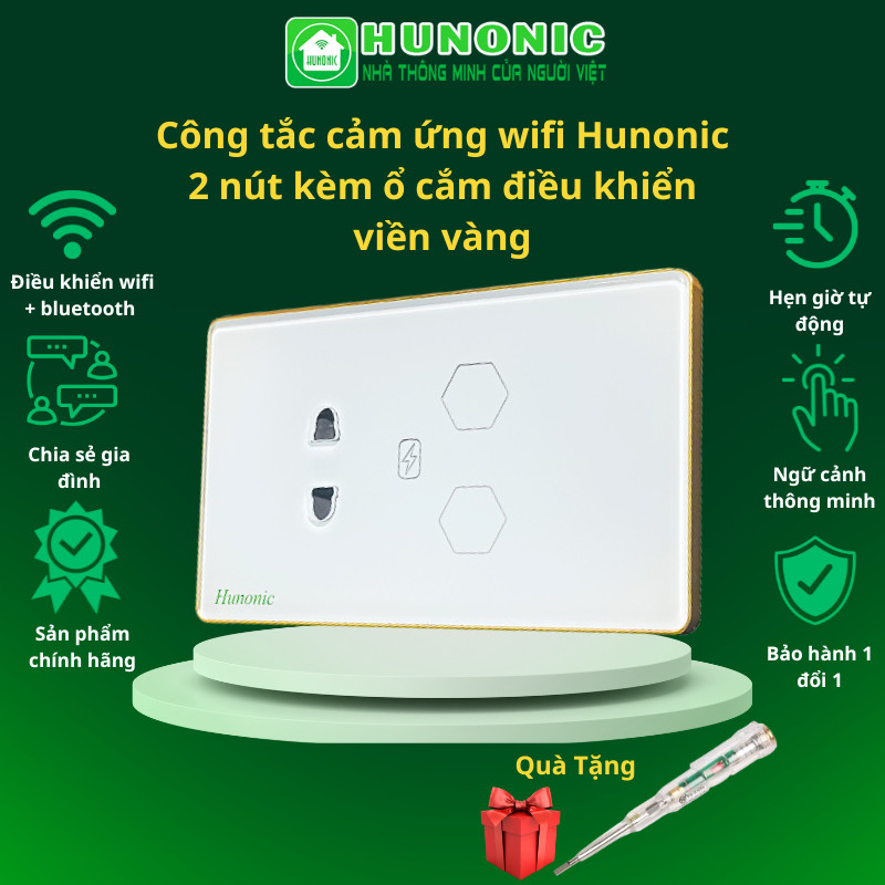 Công Tắc 2 Nút Wifi Kèm Ổ Cắm Hunonic Viền Vàng_thumbnail_1