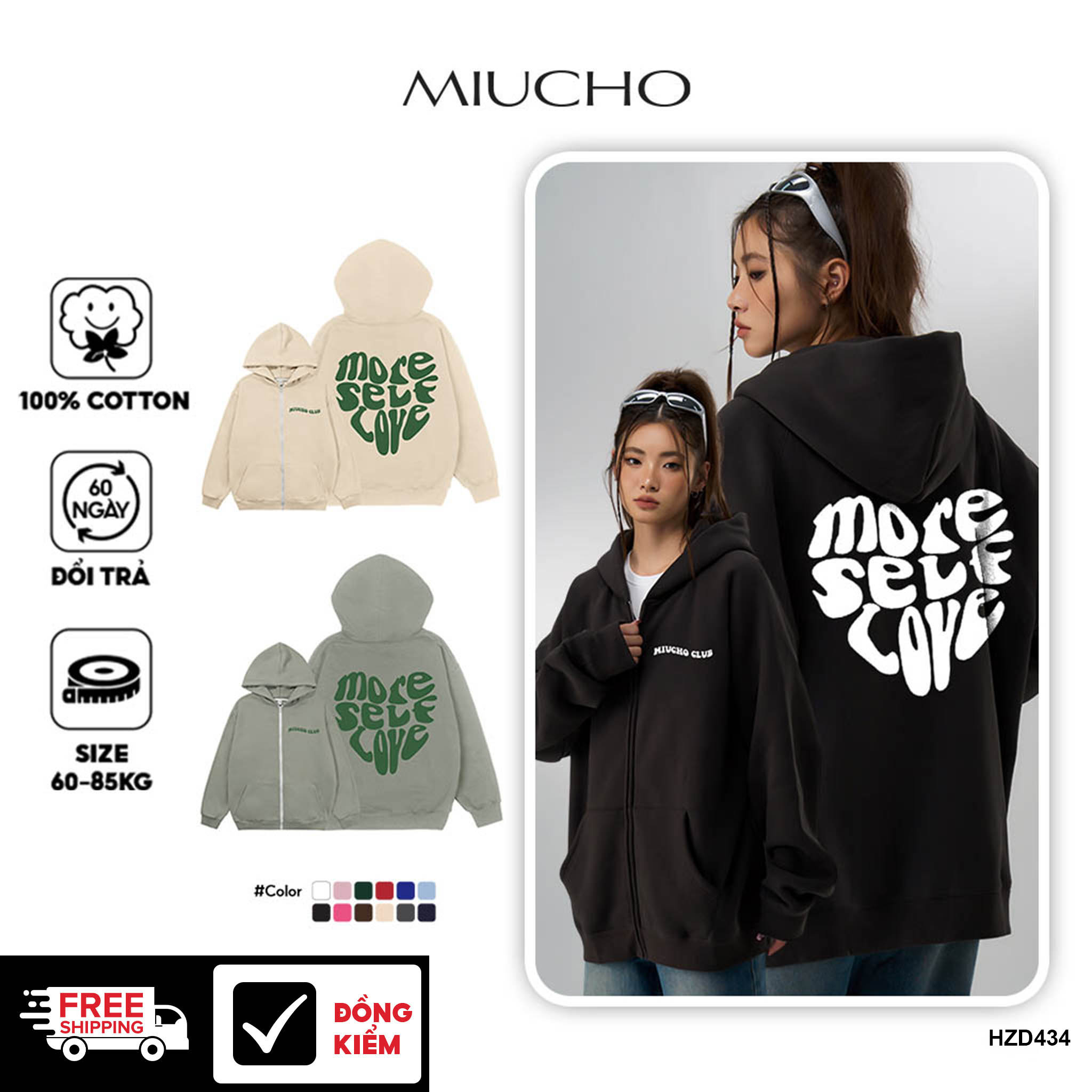 Áo hoodie zip nữ form rộng HZ434 Miucho chân cua in typography