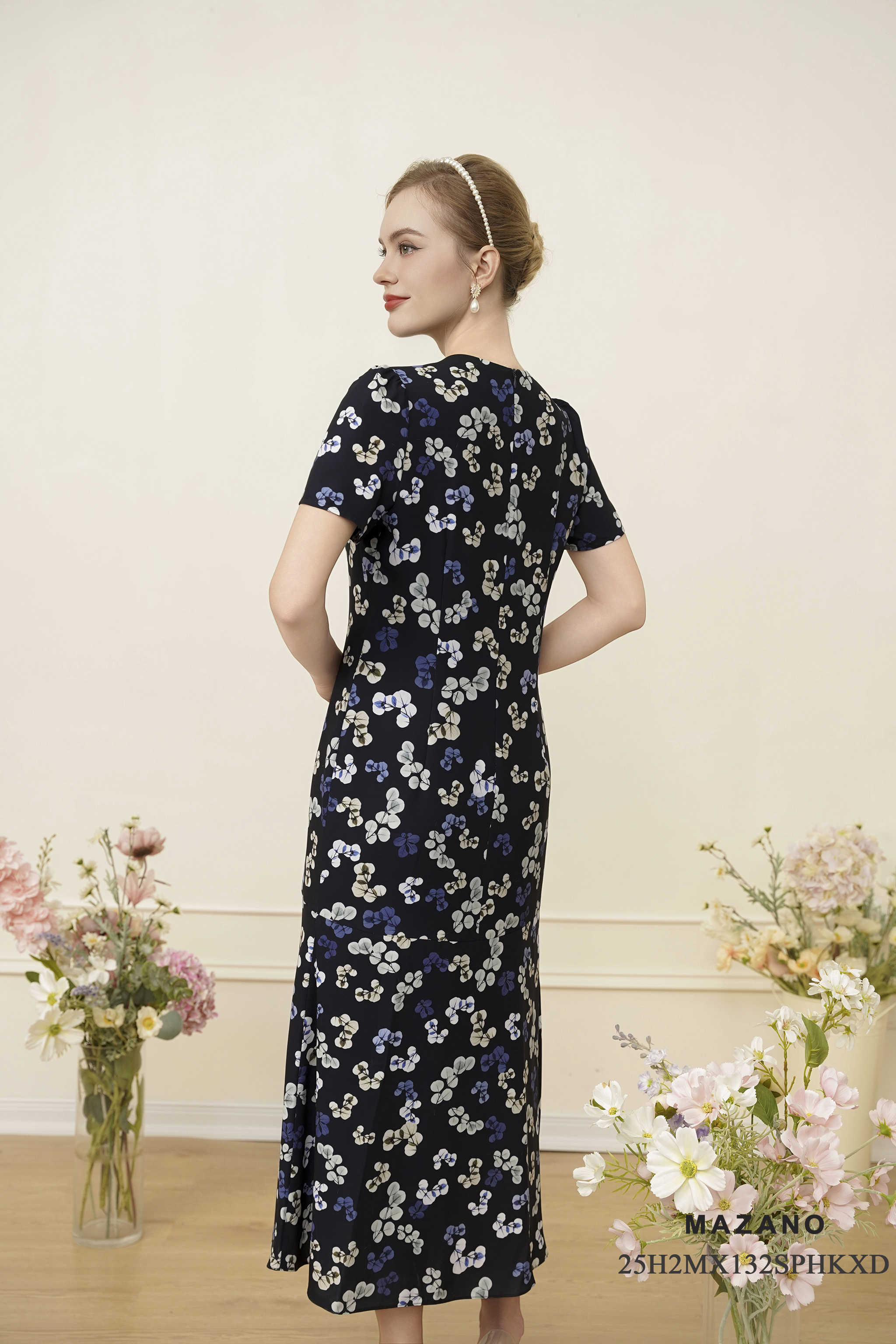 Maxi suông Vải thô Họa tiết hoa lá cách điệu Cổ V Tay ngắn Dài váy tới mắt cá_thumbnail_3