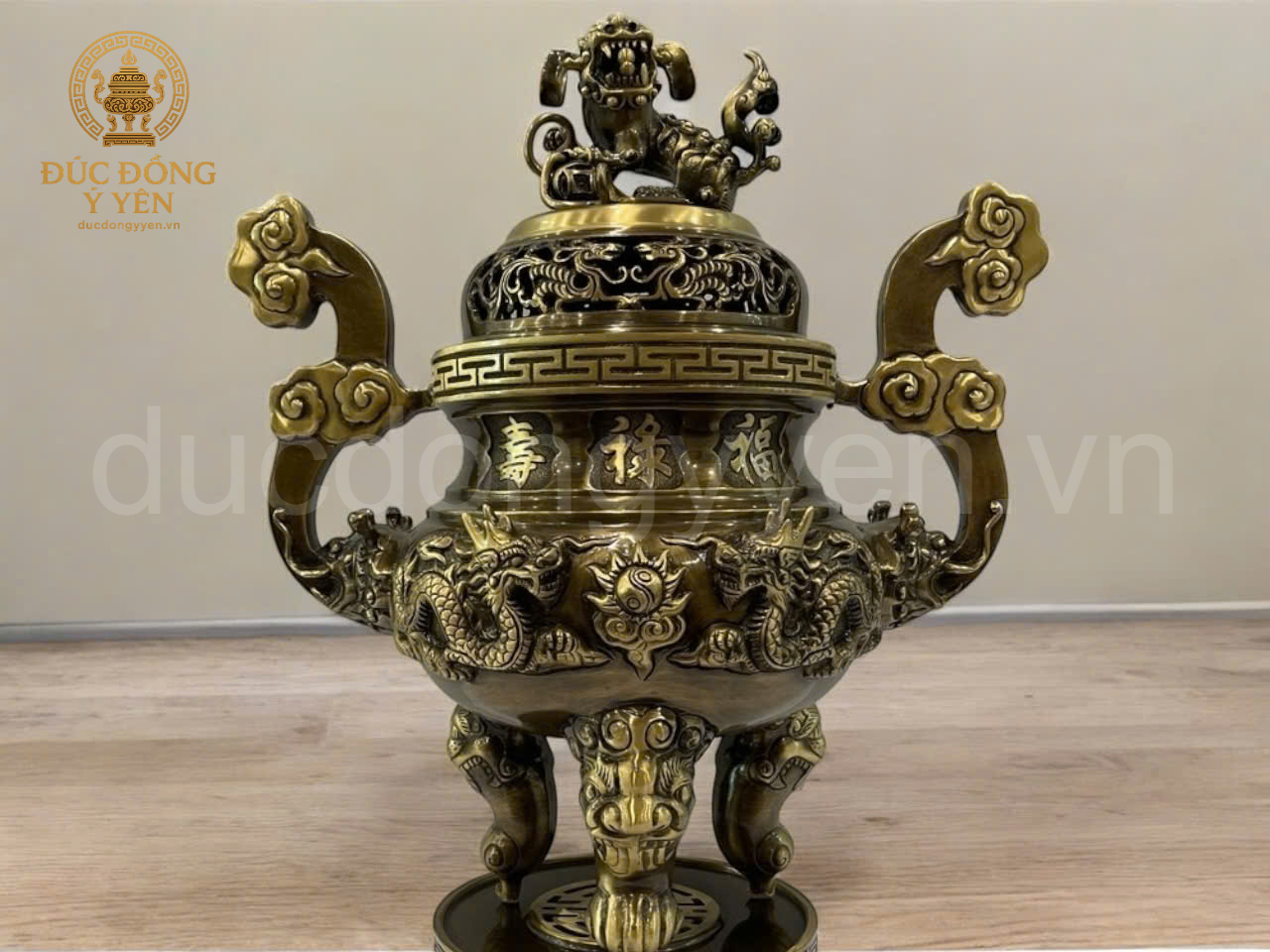 Bộ đỉnh thờ tam sự rồng đúc đồng vàng thau màu giả cổ _thumbnail_1