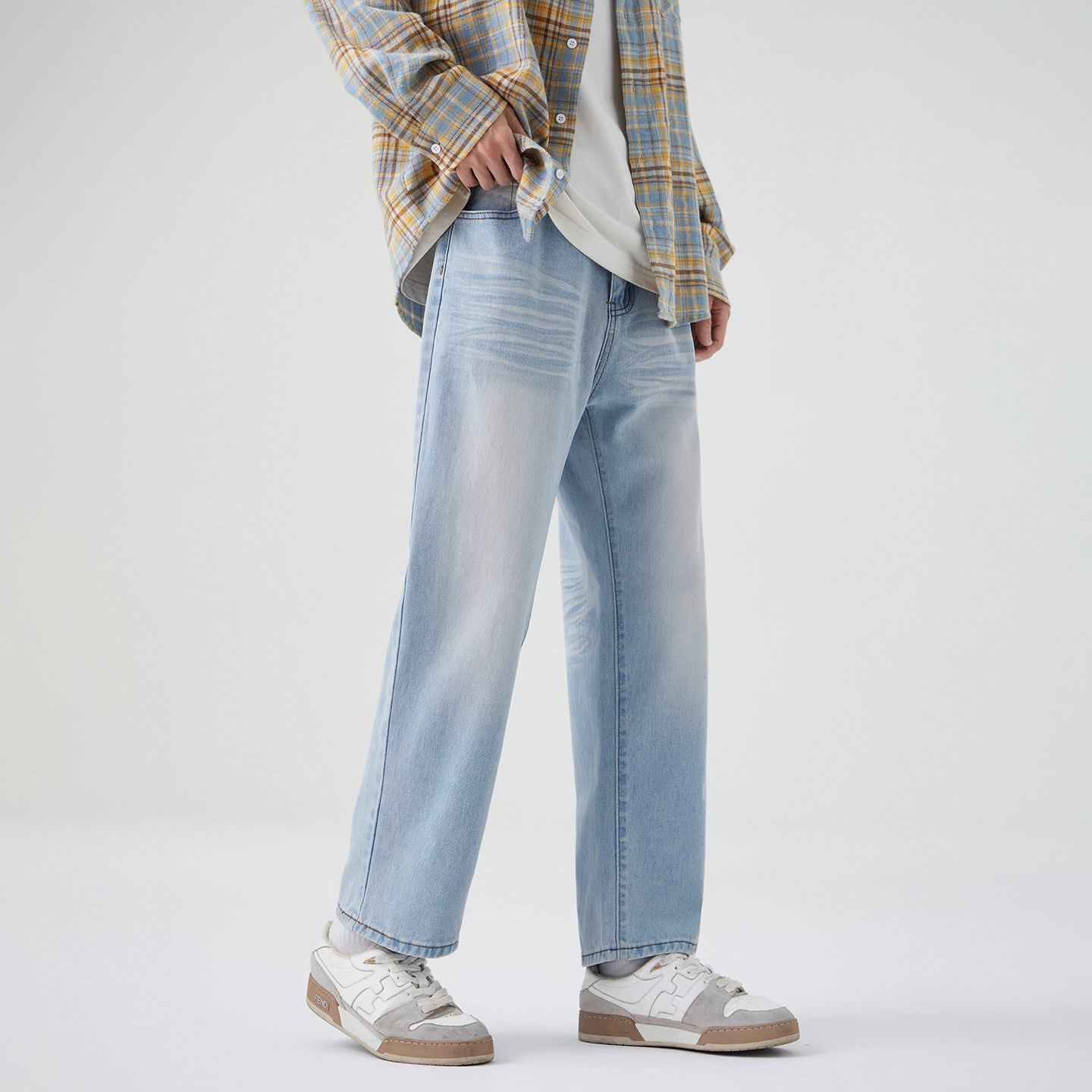 2025Quần jean nam thẳng màu nhạt mùa thu phong cách MỹcleanfitQuần crop đa năng có thiết kế sọc wash_thumbnail_4