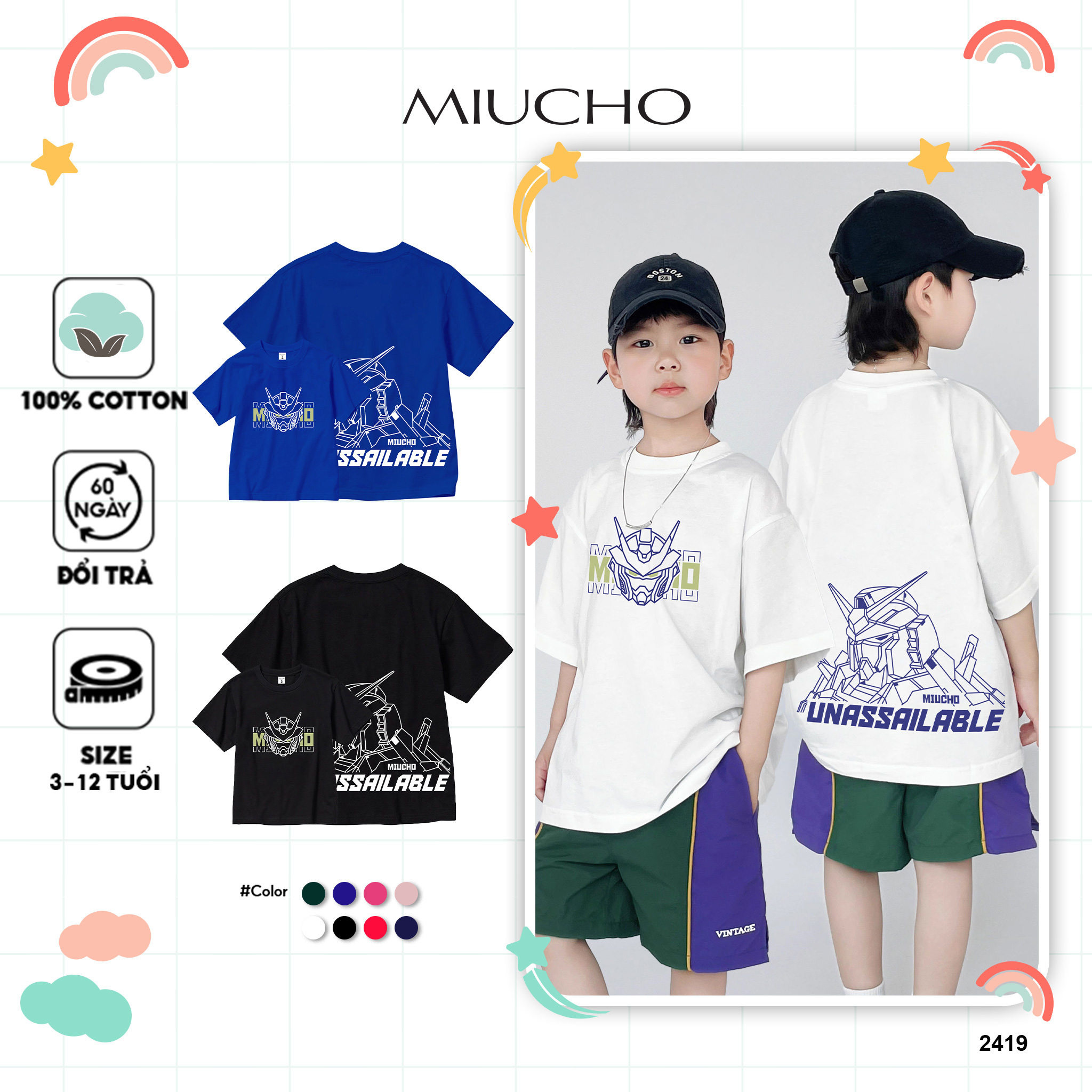 Áo thun cho bé trai form rộng AED2419 Miucho Kid chất vải cotton co giãn 4 chiều mềm mại thoáng mát in mix